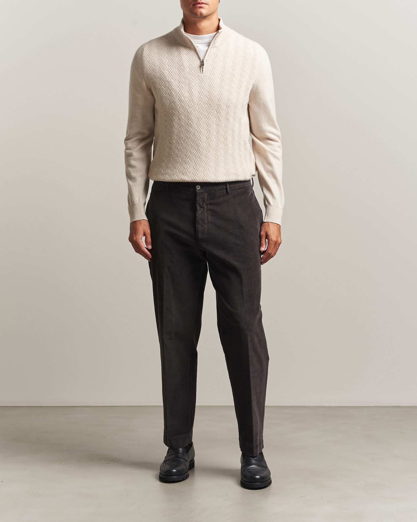 Herren | Pullover | Fedeli | Wool/Cashmere Chevron Half Zip Light Beige