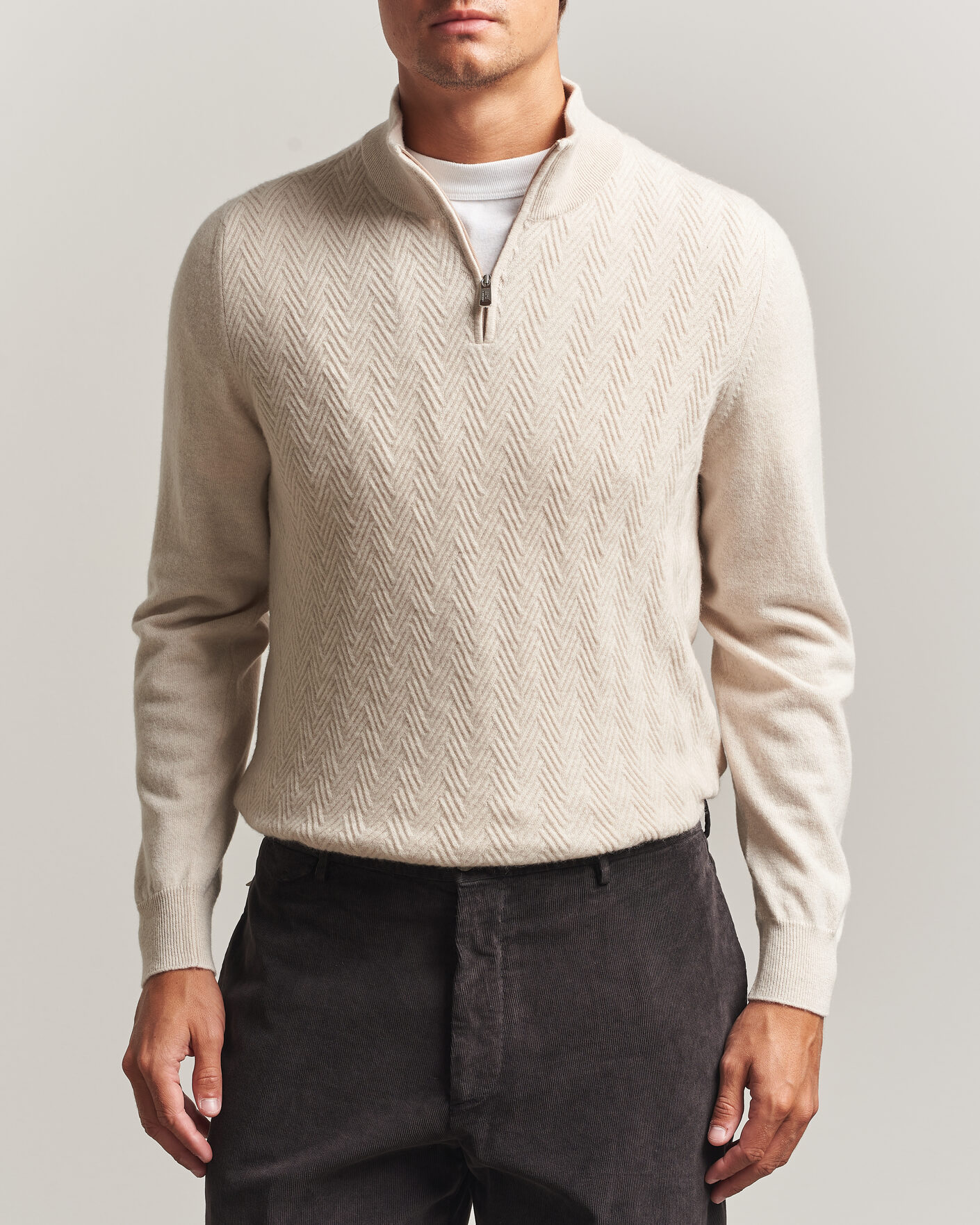 Herren | Pullover | Fedeli | Wool/Cashmere Chevron Half Zip Light Beige