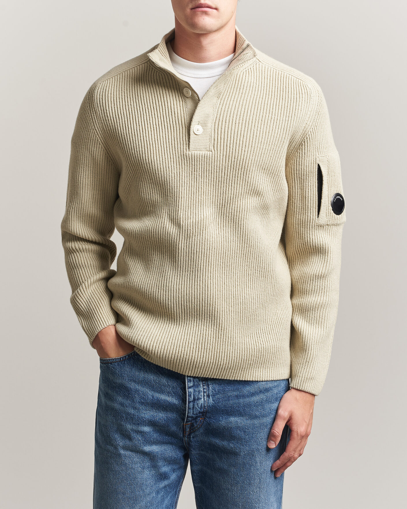 Herren | Pullover | C.P. Company | Full Rib Knitted Cotton Half Button Light Grey