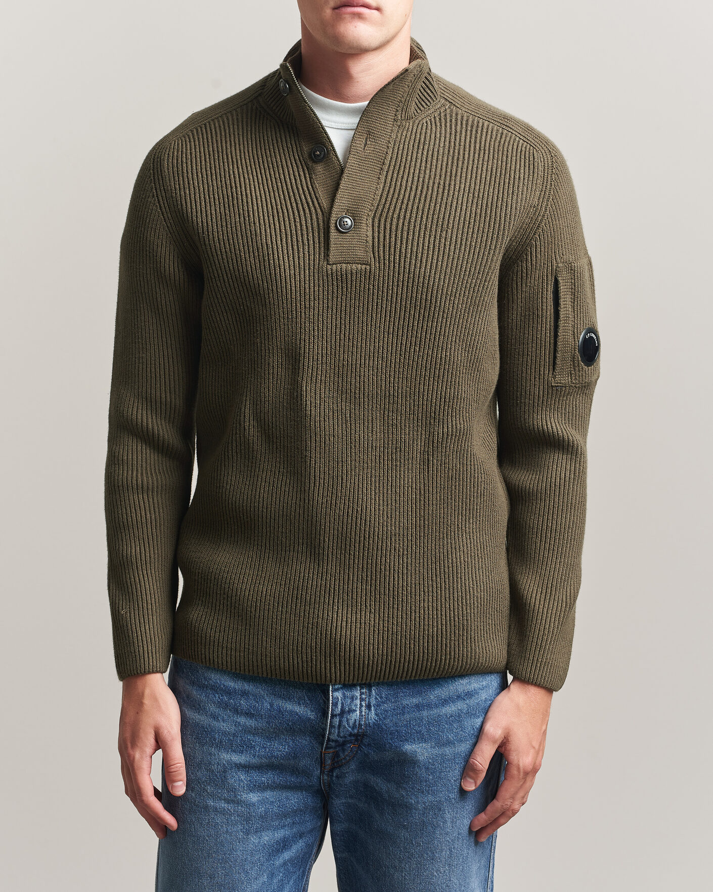 Herren | Pullover | C.P. Company | Full Rib Knitted Cotton Half Button Dark Green