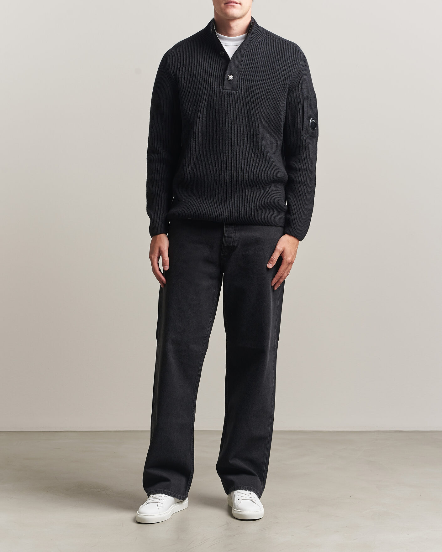 Herren | Pullover | C.P. Company | Full Rib Knitted Cotton Half Button Black