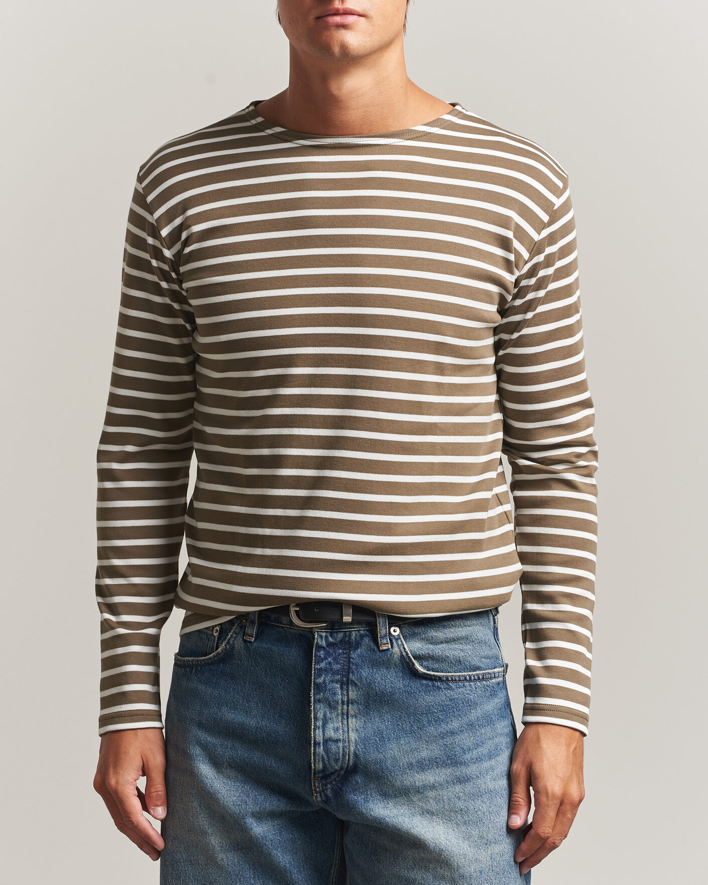 Herren | T-Shirts | Armor-lux | Houat Héritage Stripe Long Sleeve T-Shirt Olive/Milk
