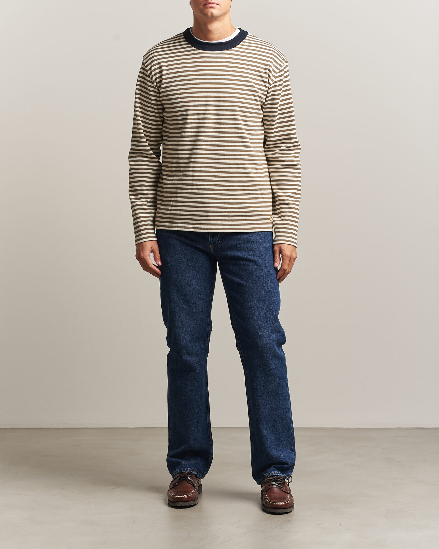 Herren | T-Shirts | Armor-lux | Héritage Striped Long Sleeve T-Shirt Olive/Milk