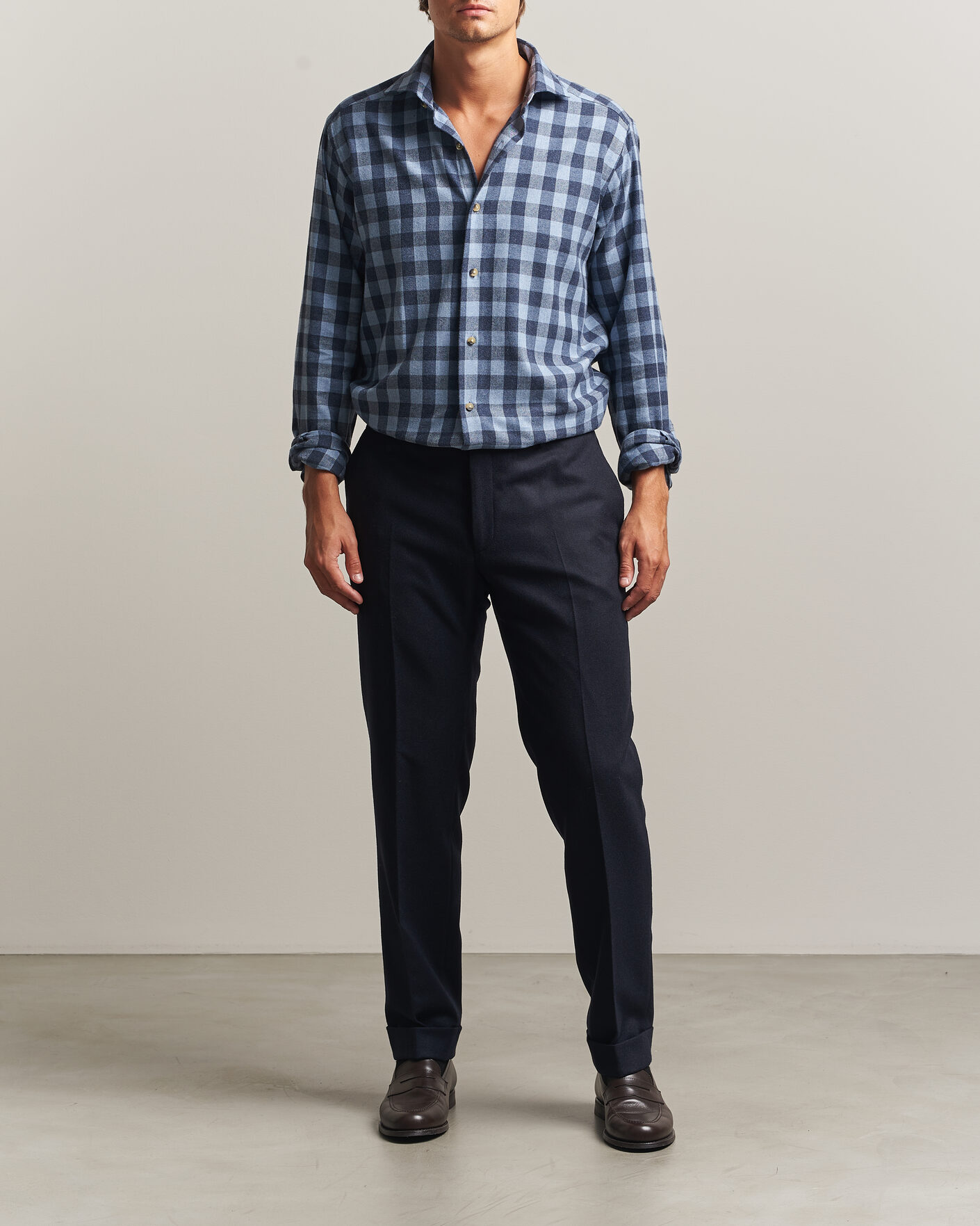 Herren | Hemden | Eton | Casual Fit Checked Flannel Shirt Mid Blue