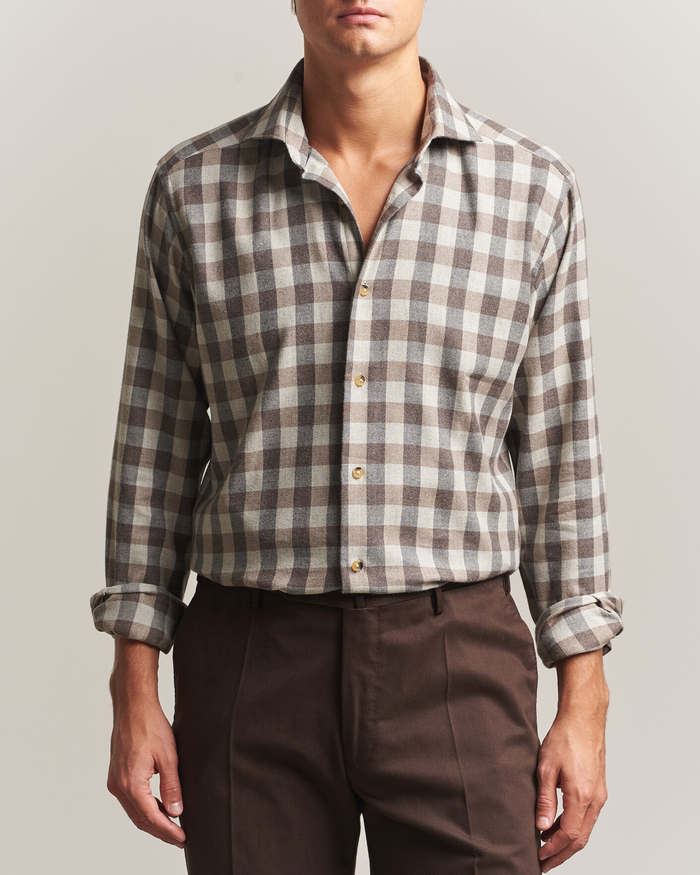 Herren | Hemden | Eton | Casual Fit Checked Flannel Shirt Beige