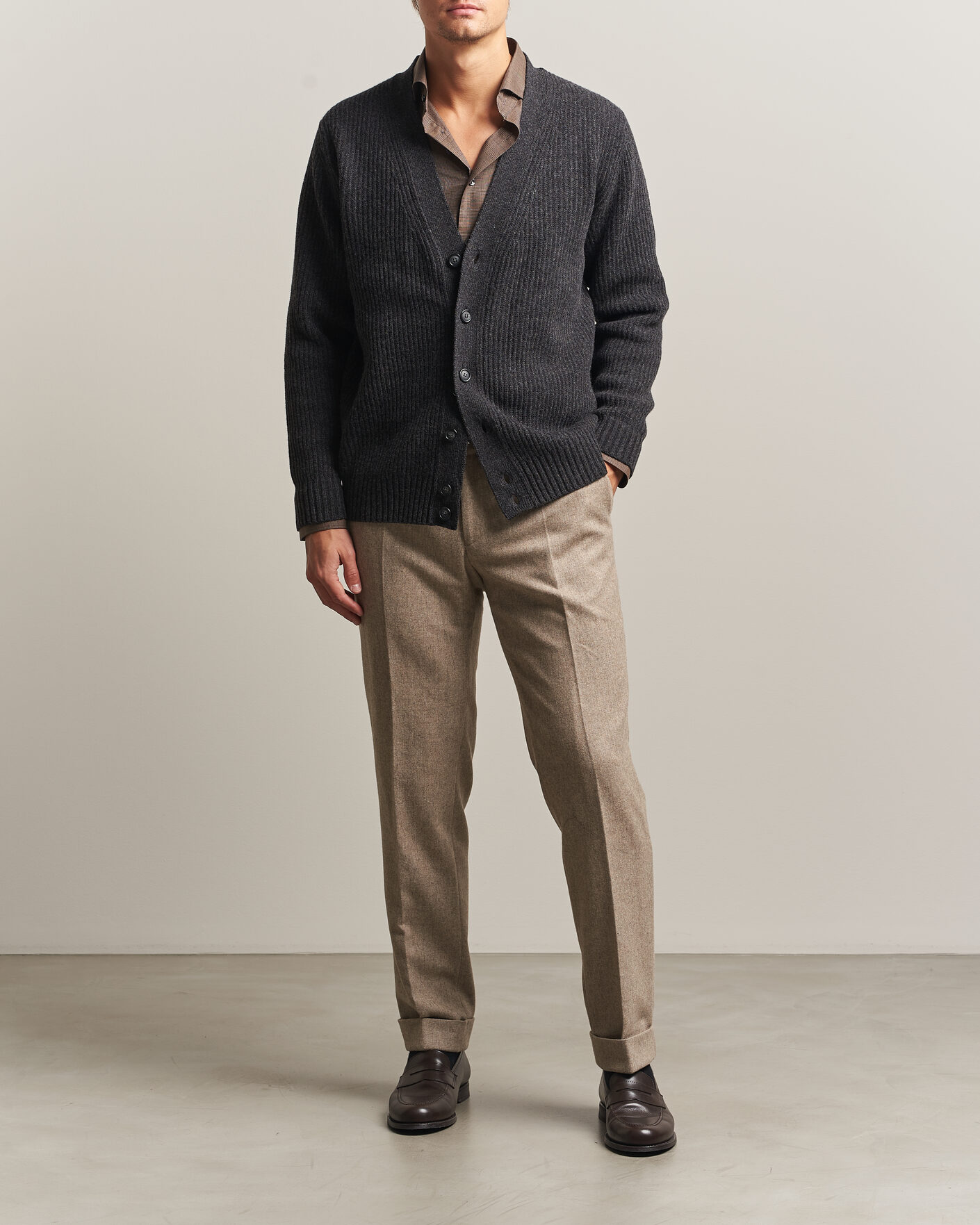Herren | Pullover | Eton | Merino Wool Rib Cardigan Dark Grey