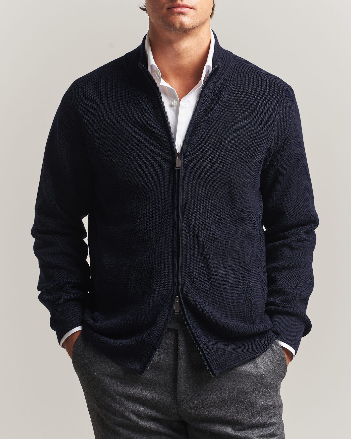 Herren | Pullover | Eton | Merino Wool Knitted Full Zip Navy Blue