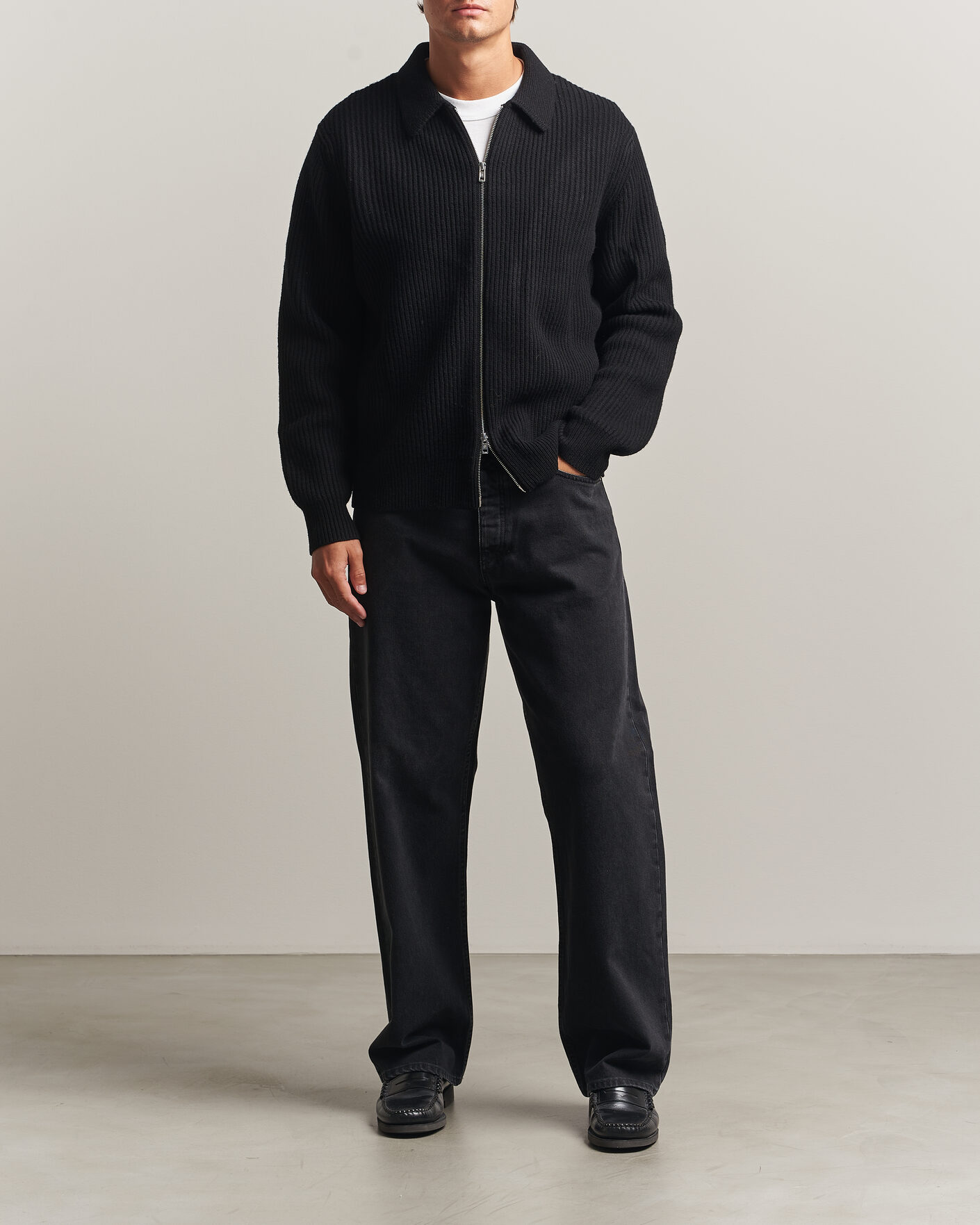Herren | Pullover | Filippa K | Ribbed Wool Knitted Full Zip Black