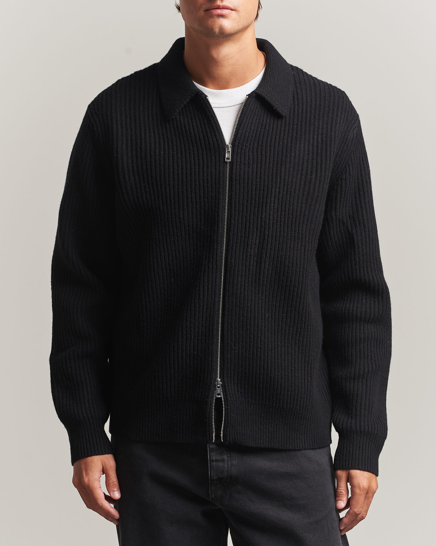 Herren | Pullover | Filippa K | Ribbed Wool Knitted Full Zip Black