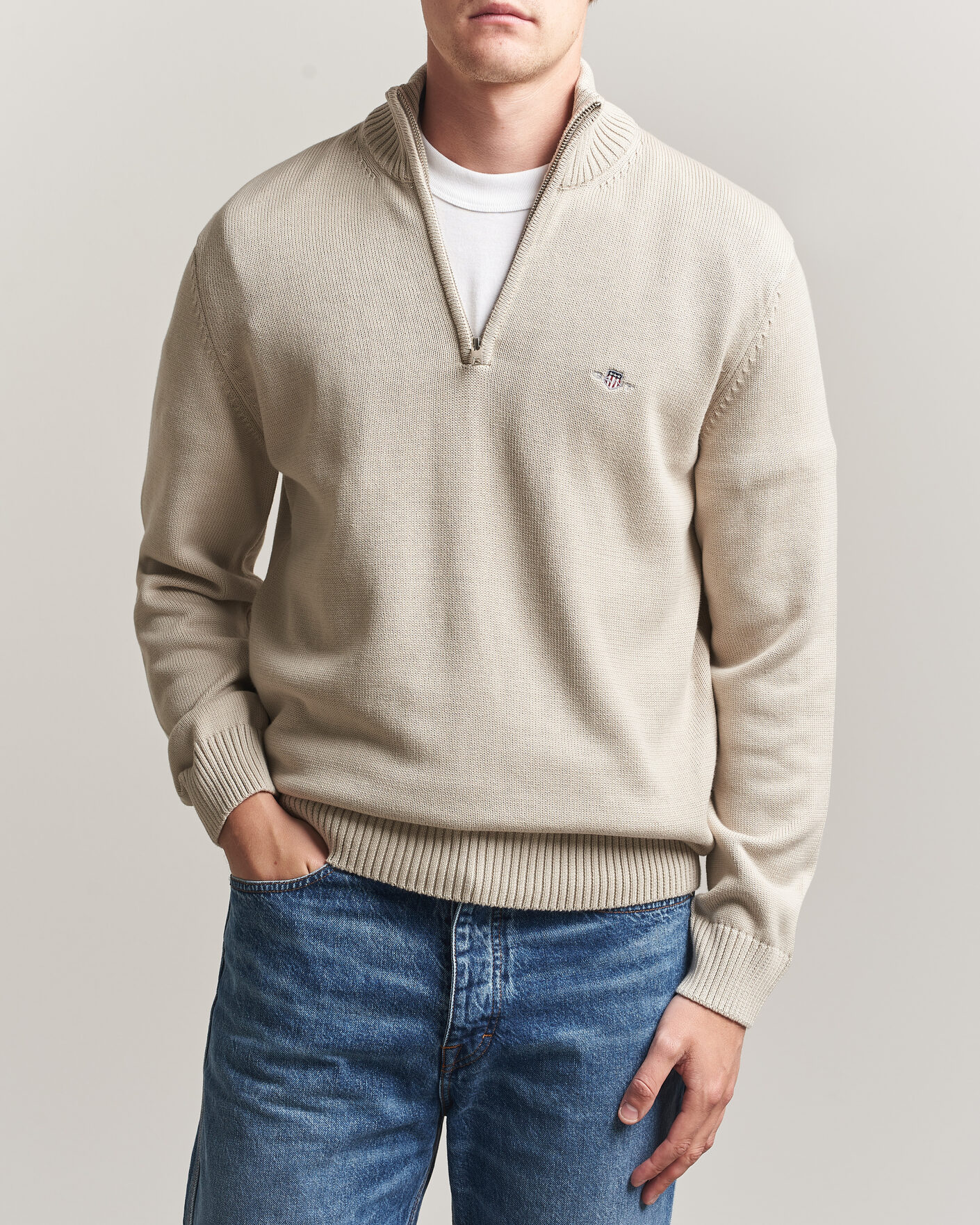 Herren | Pullover | Gant | Casual Cotton Knitted Half Zip Clay Beige