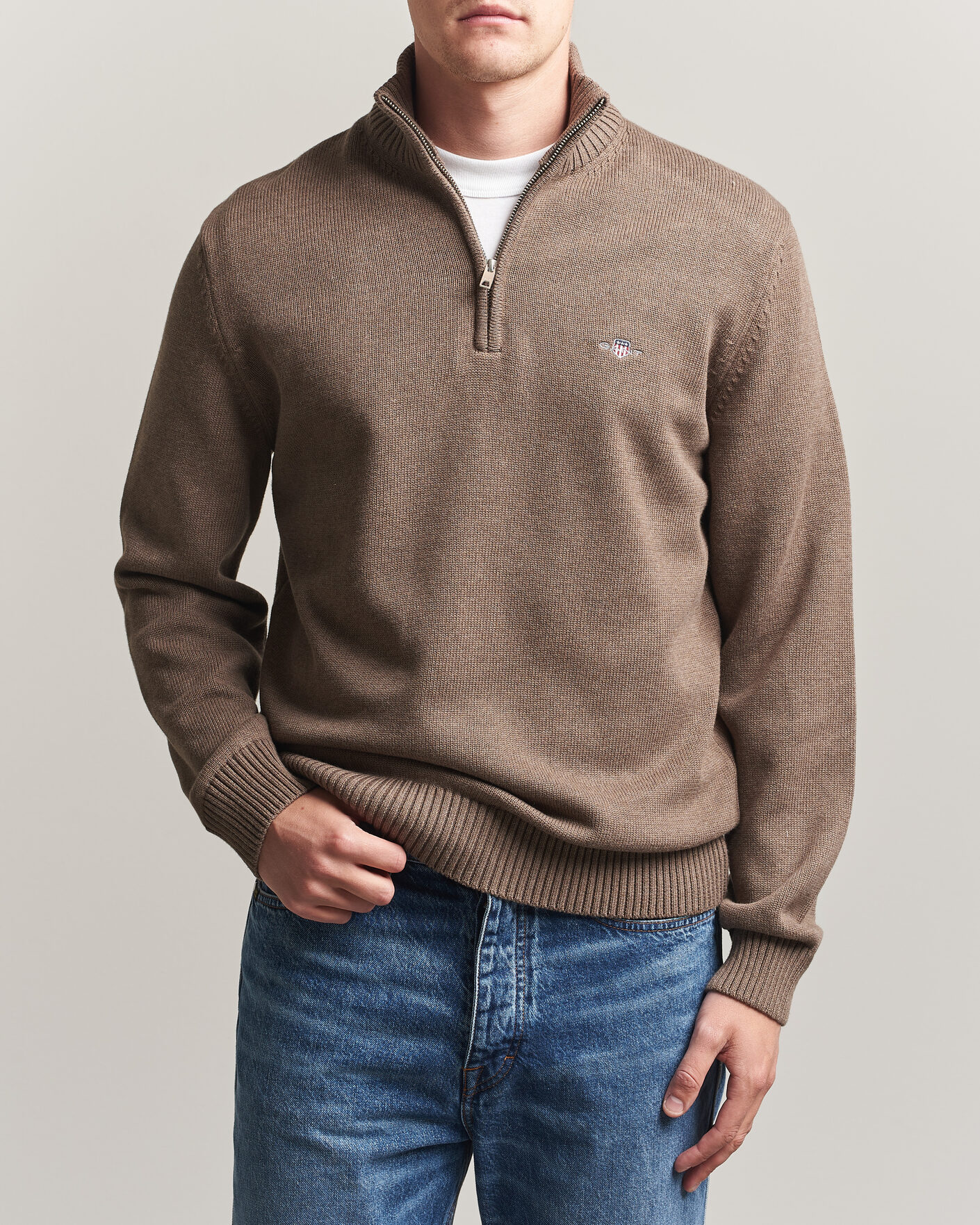 Herren | Pullover | Gant | Casual Cotton Knitted Half Zip Dark Hazelnut Melange