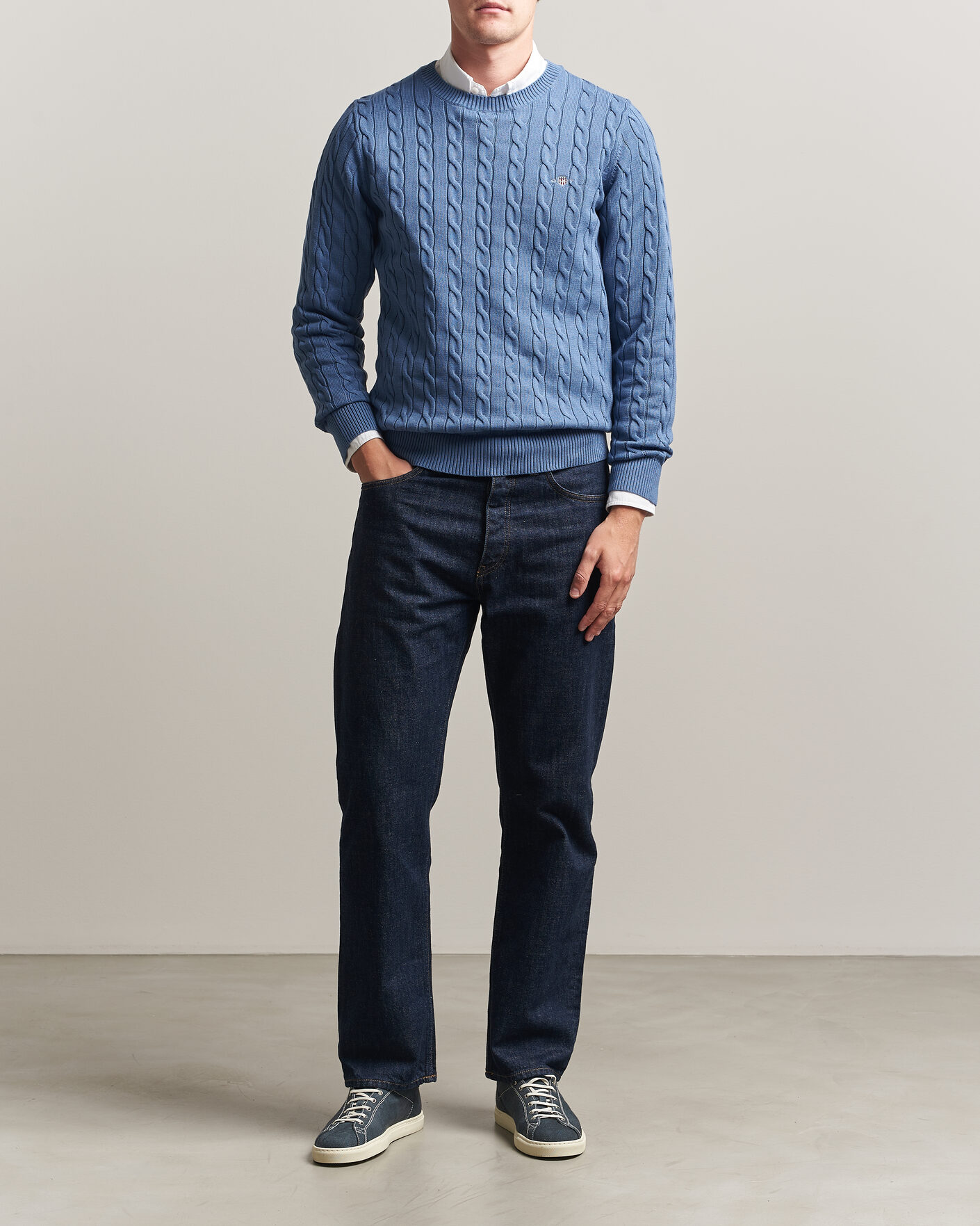 Herren | Pullover | Gant | Cotton Cable Crew Neck Blue Horizon