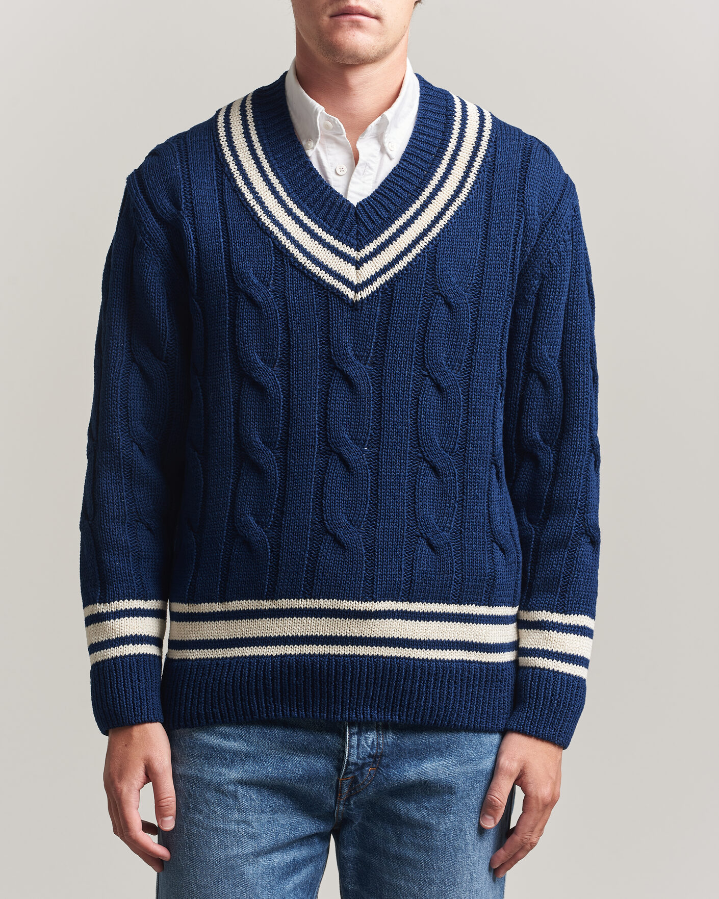 Herren | Pullover | Gant | Mercerized Cotton Knitted Cable V-Neck Persian Blue