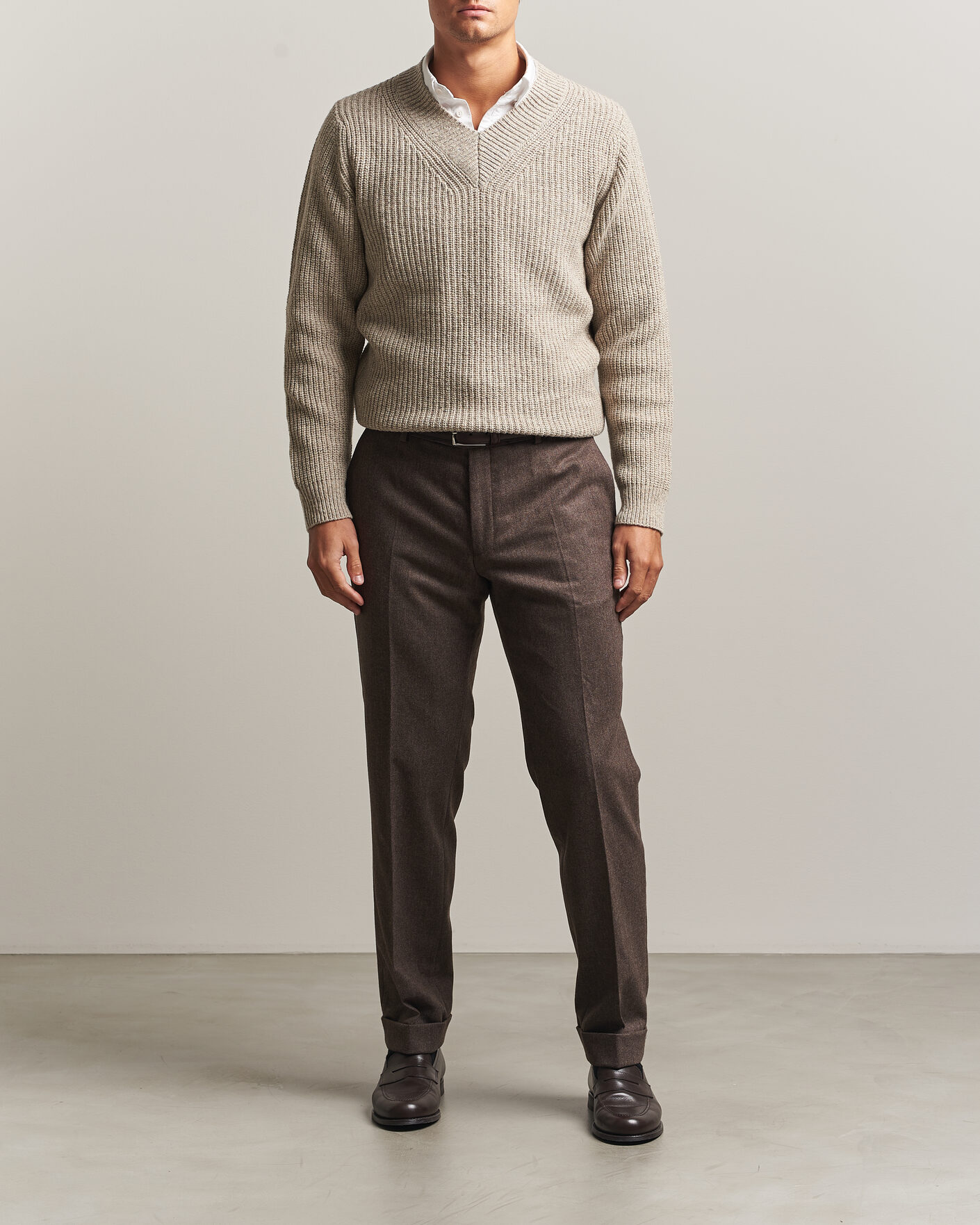 Herren | Pullover | Morgano | Fisherman Ribb Donegal Knitted V-Neck Beige