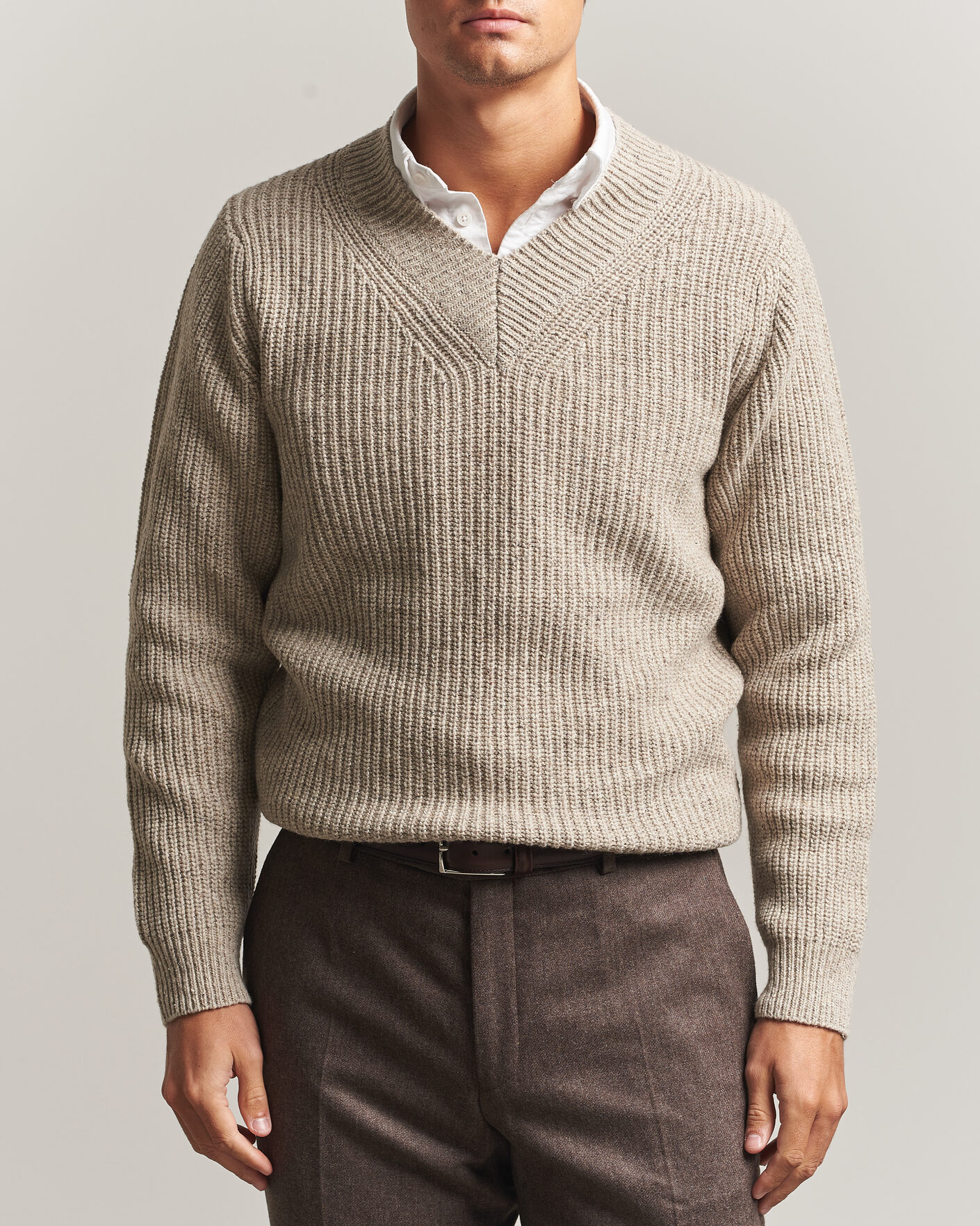 Herren | Pullover | Morgano | Fisherman Ribb Donegal Knitted V-Neck Beige