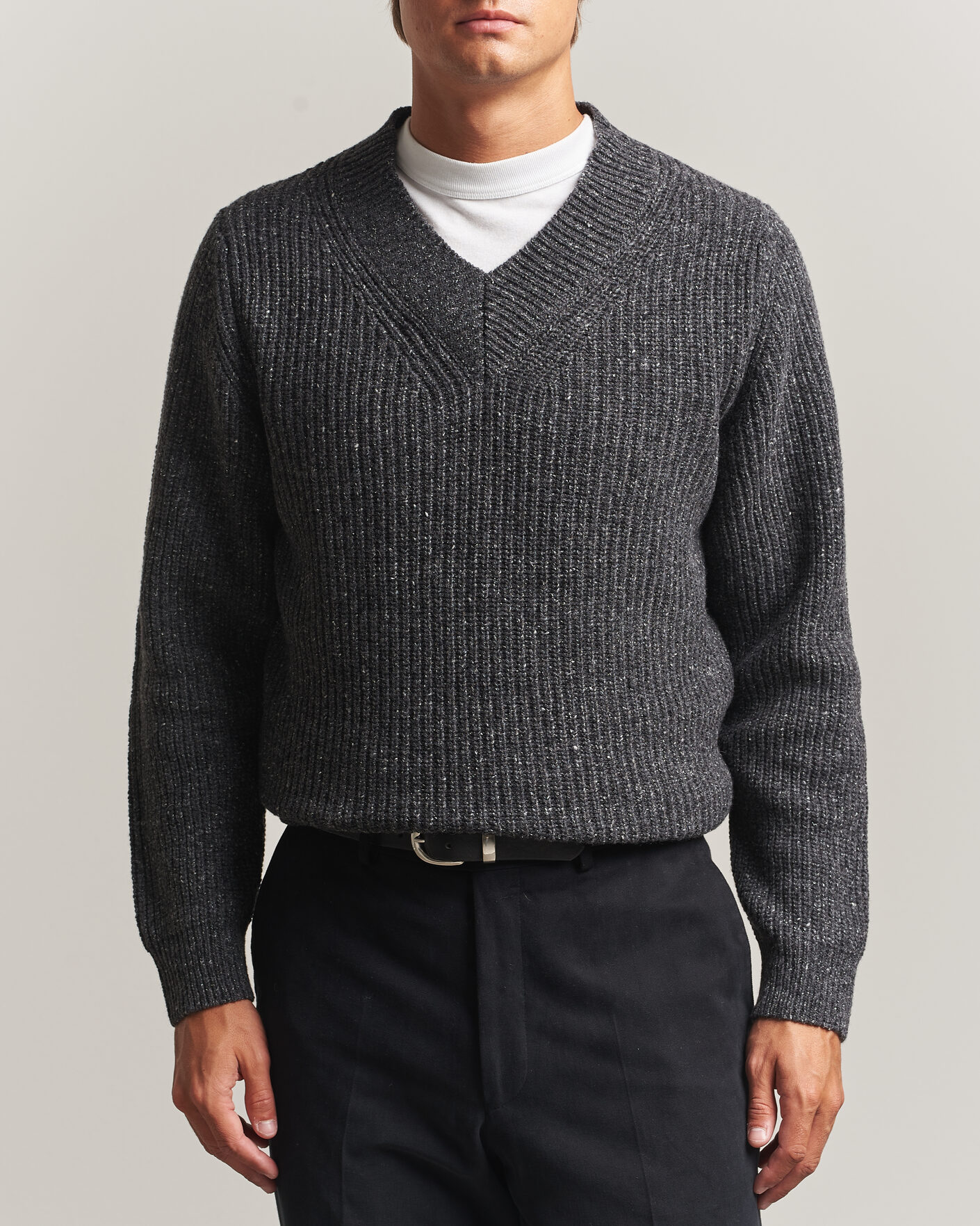 Herren | Pullover | Morgano | Fisherman Ribb Donegal Knitted V-Neck Dark Grey