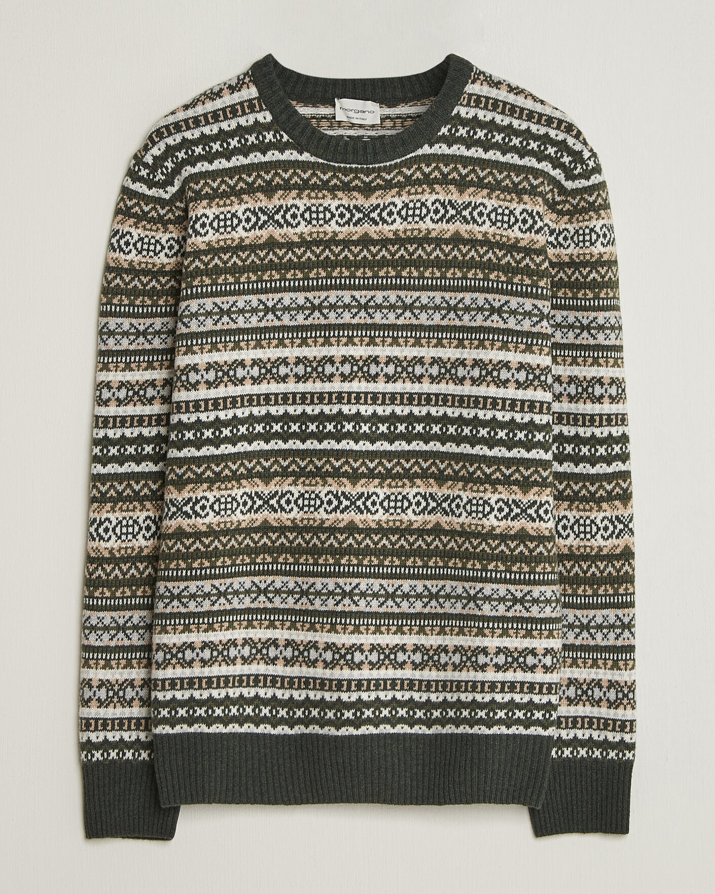 Herren | Pullover | Morgano | Wool/Cashmere Fair Isle Knitted Crewneck Green