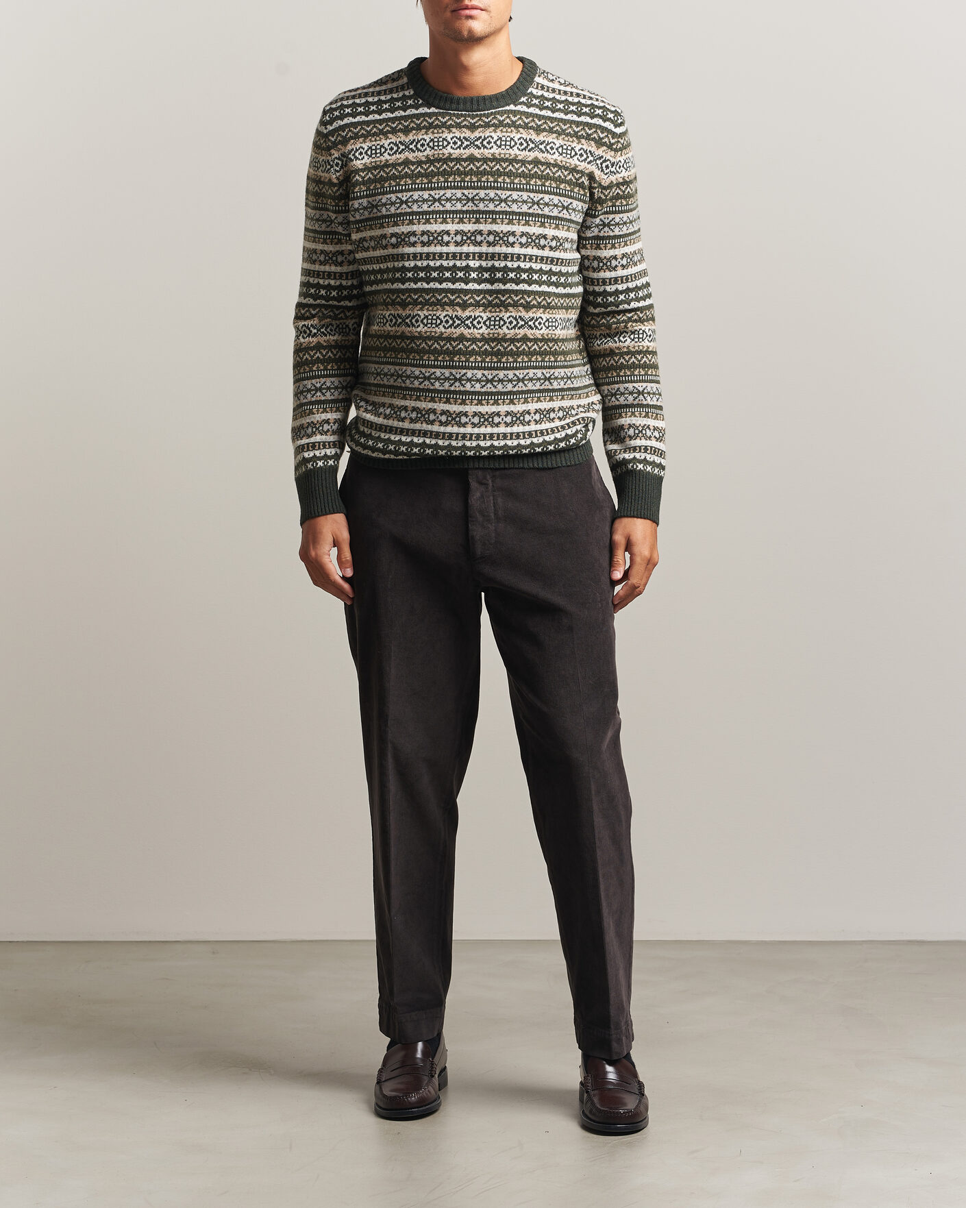 Herren | Pullover | Morgano | Wool/Cashmere Fair Isle Knitted Crewneck Green