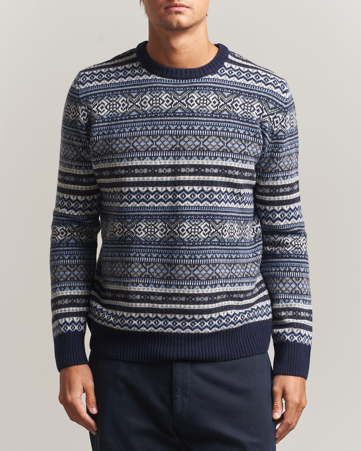 Herren | Pullover | Morgano | Wool/Cashmere Fair Isle Knitted Crewneck Navy