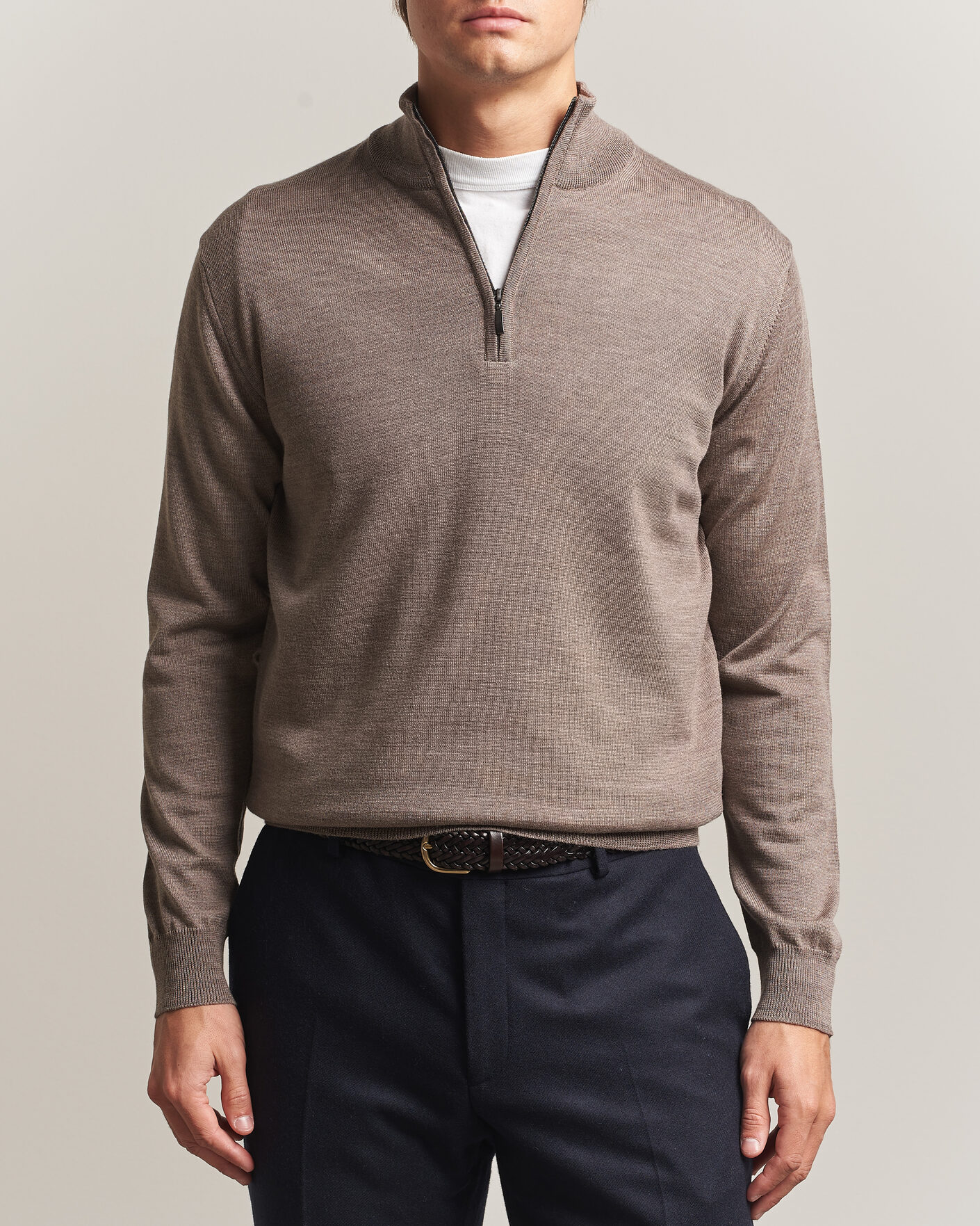 Herren | Pullover | Morgano | Extra Fine Merino Wool Half-Zip Mid Brown