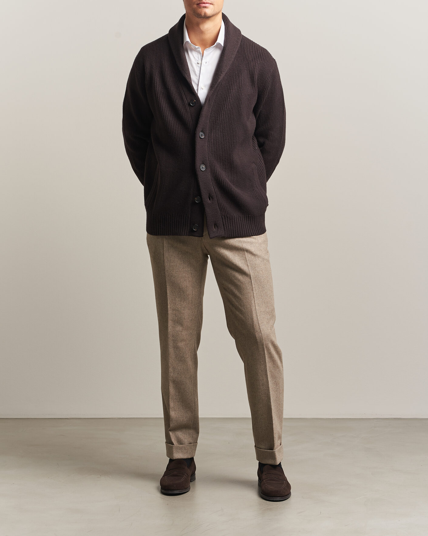 Herren | Pullover | Charles Tyrwhitt | Chunky Merino Shawl Neck Cardigan Chocolate