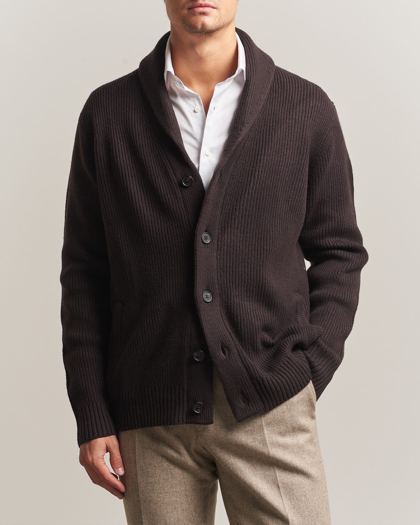 Herren | Pullover | Charles Tyrwhitt | Chunky Merino Shawl Neck Cardigan Chocolate