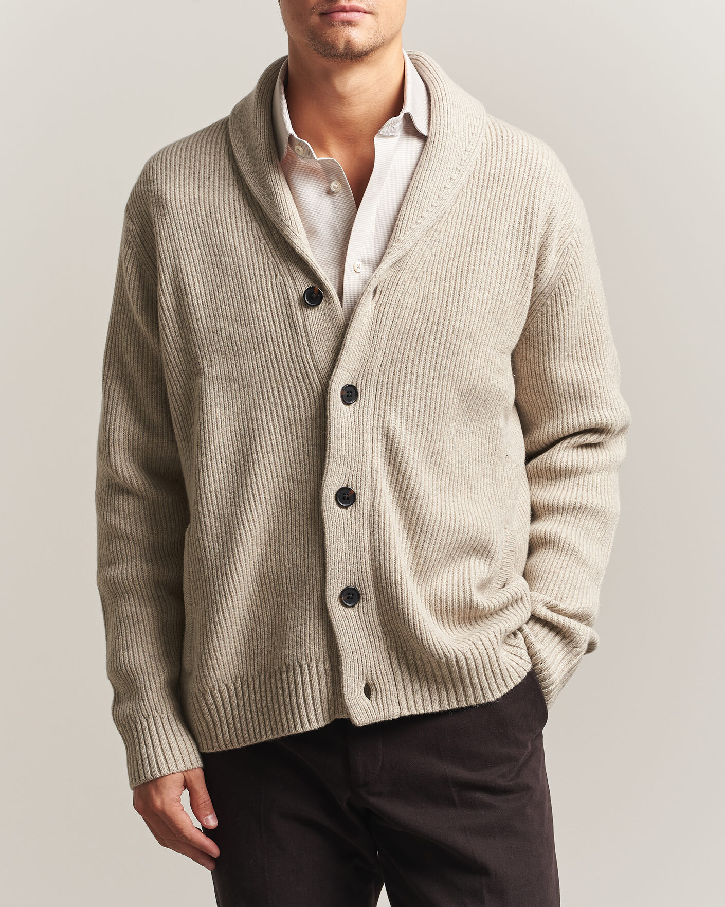 Herren | Pullover | Charles Tyrwhitt | Chunky Merino Shawl Neck Cardigan Oat