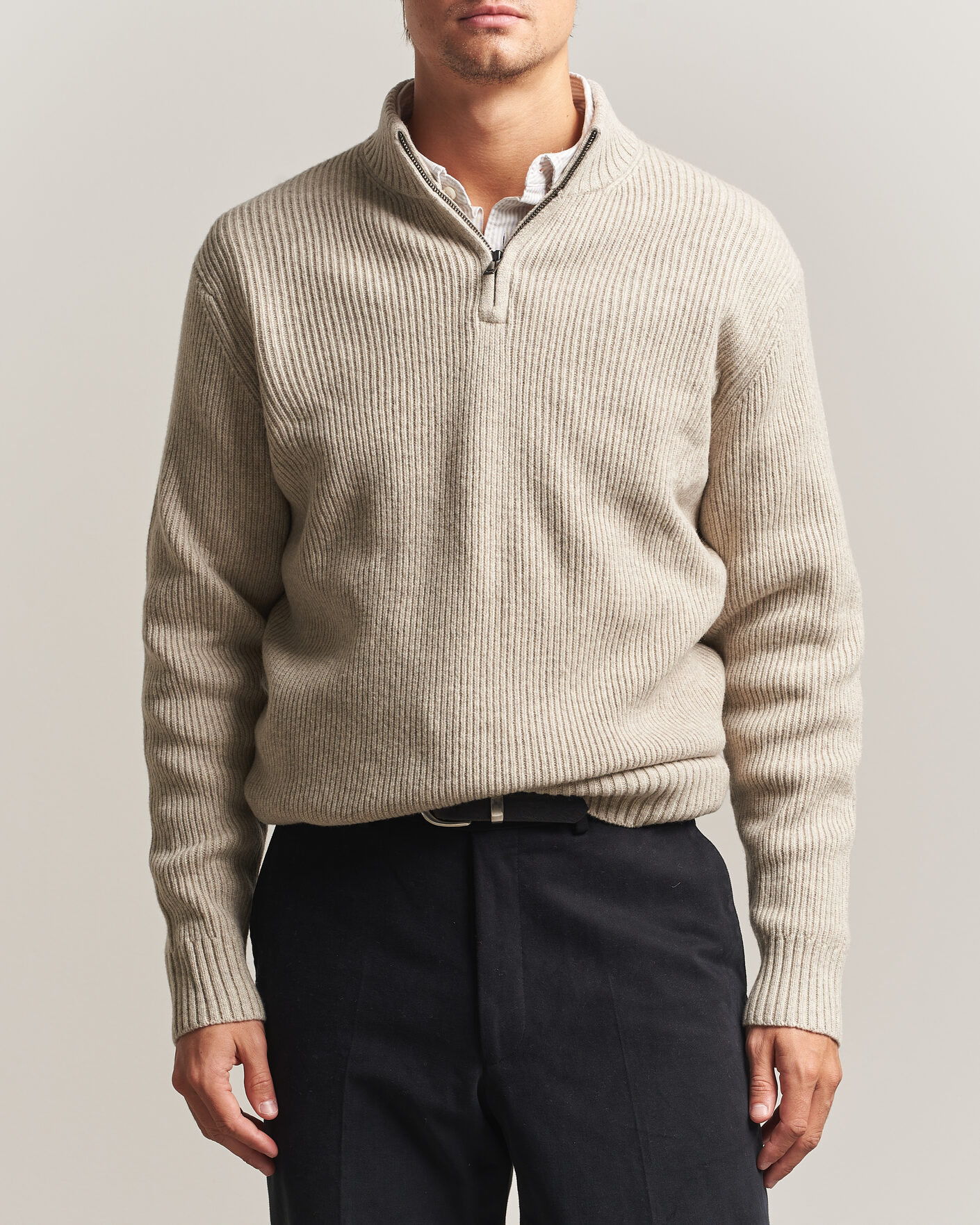 Herren | Pullover | Charles Tyrwhitt | Chunky Merino Zip Neck Oat