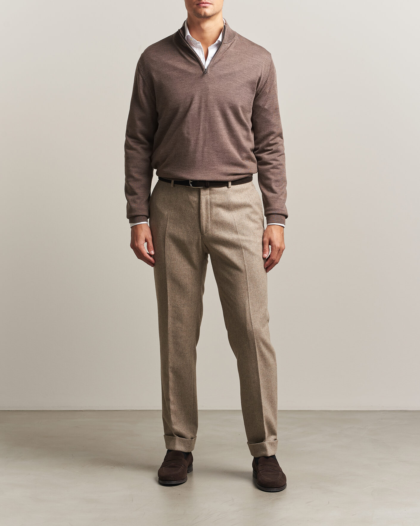 Herren | Pullover | Charles Tyrwhitt | Pure Merino Zip Neck Jumper Mocha