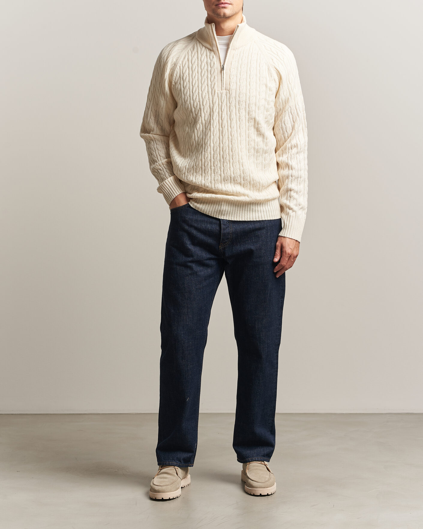 Herren | Pullover | BOSS BLACK | Furore Wool/Cashmere Cable Half Zip Open White