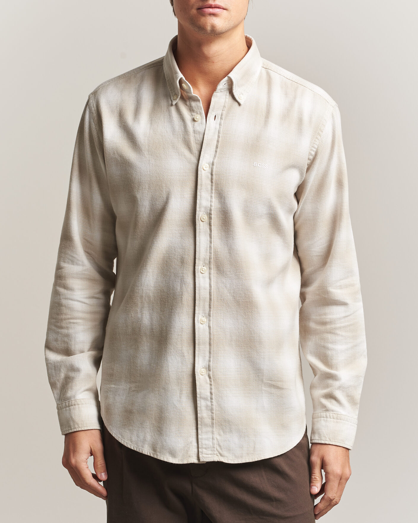 Herren | Hemden | BOSS ORANGE | Rickert Brushed Cotton Checked Shirt Light Beige