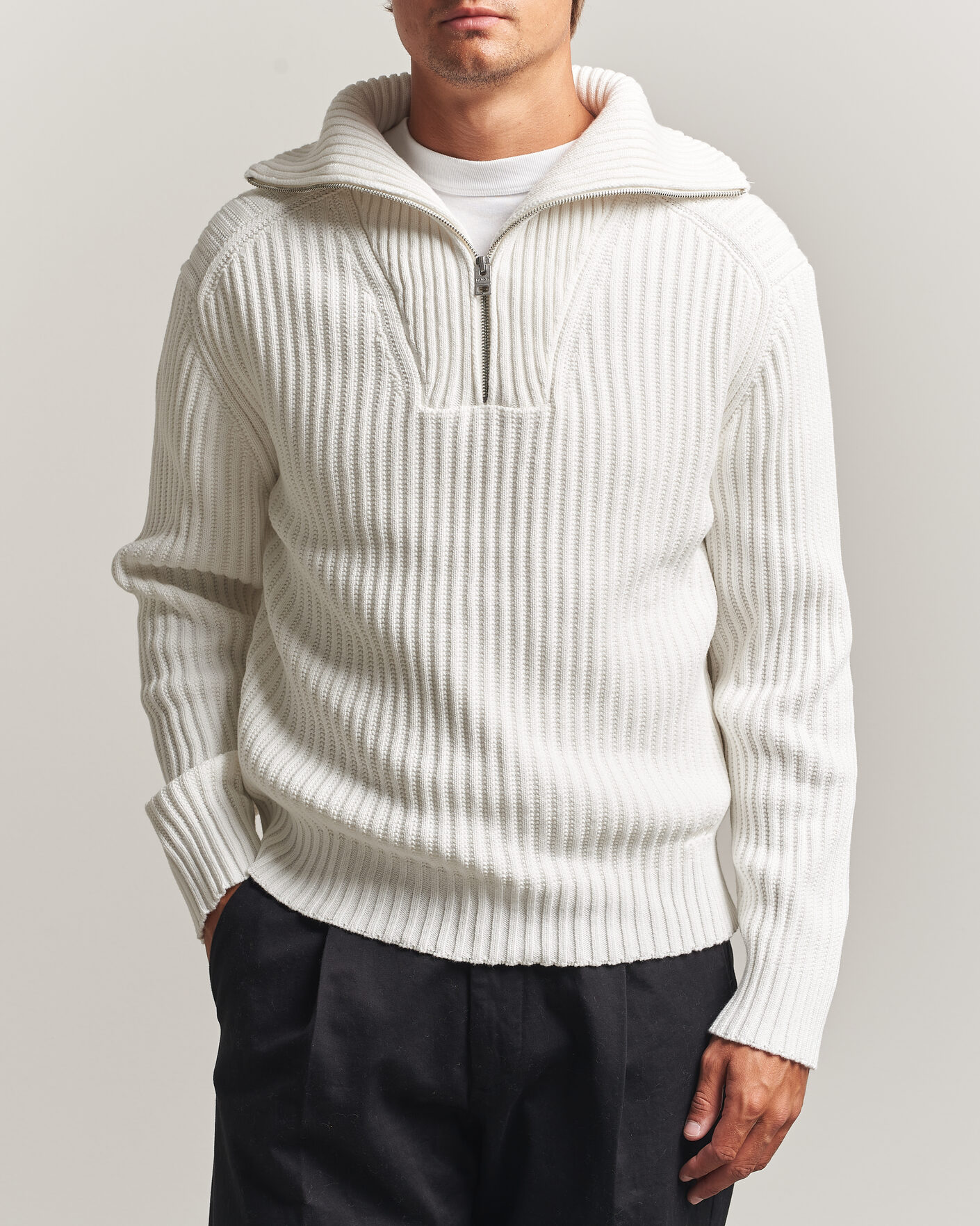 Herren | Pullover | HUGO | Srtithon Cotton Knitted Half Zip Natural