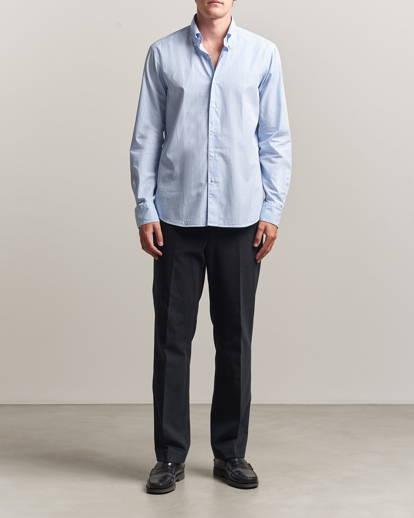 Herren | Hemden | Grigio | Popeline Button Down Shirt Light Blue Stripe