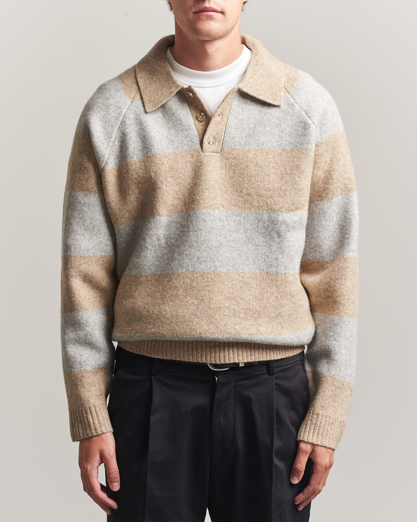 Herren | Pullover | LES DEUX | Striped Melange Knit Polo Light Sand Melange