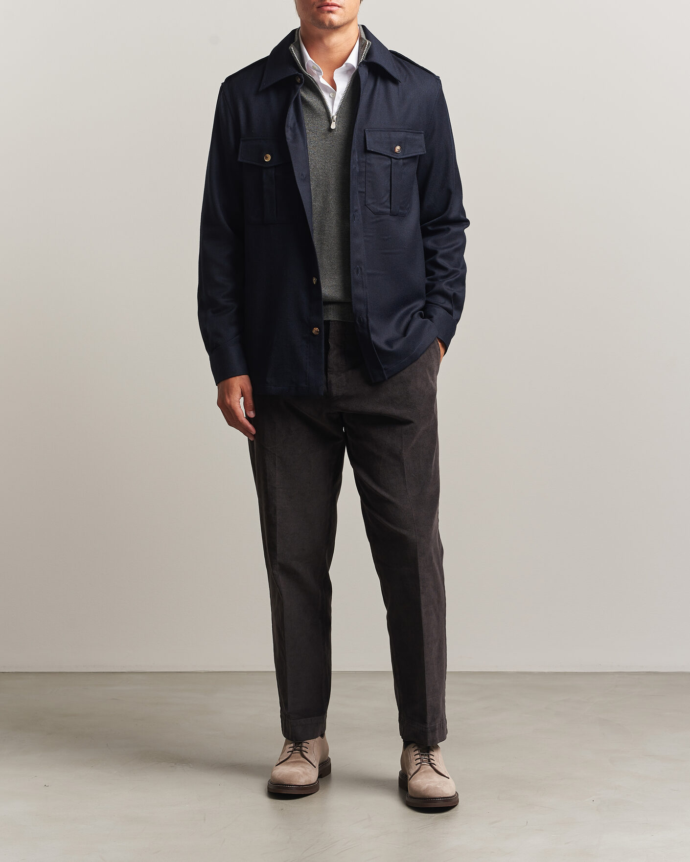 Herren | Hemden | Brunello Cucinelli | Flannel Double Pocket Overshirt Navy
