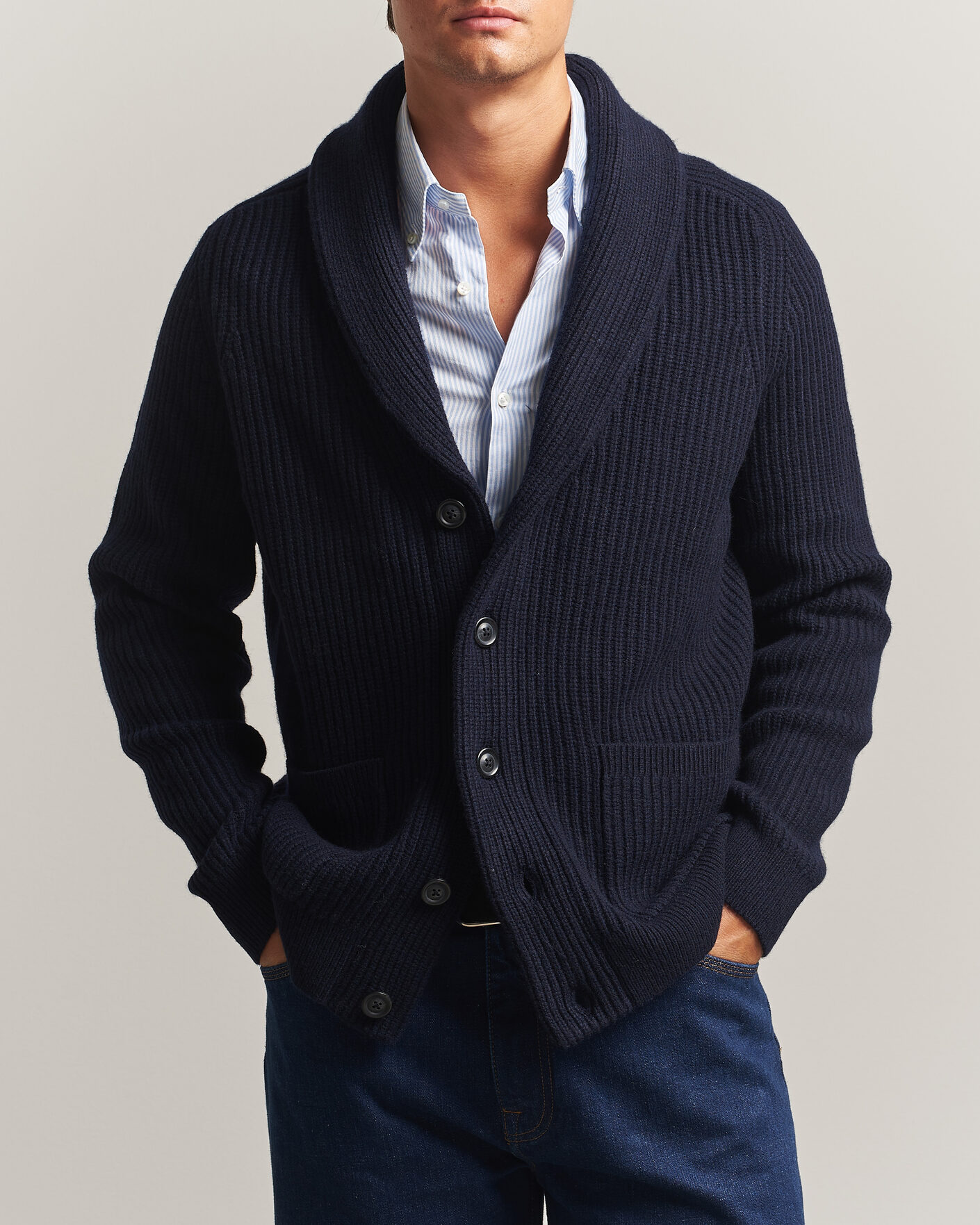 Herren | Pullover | Gant | Wool/Cotton Ribbed Shawl Collar Cardigan Evening Blue