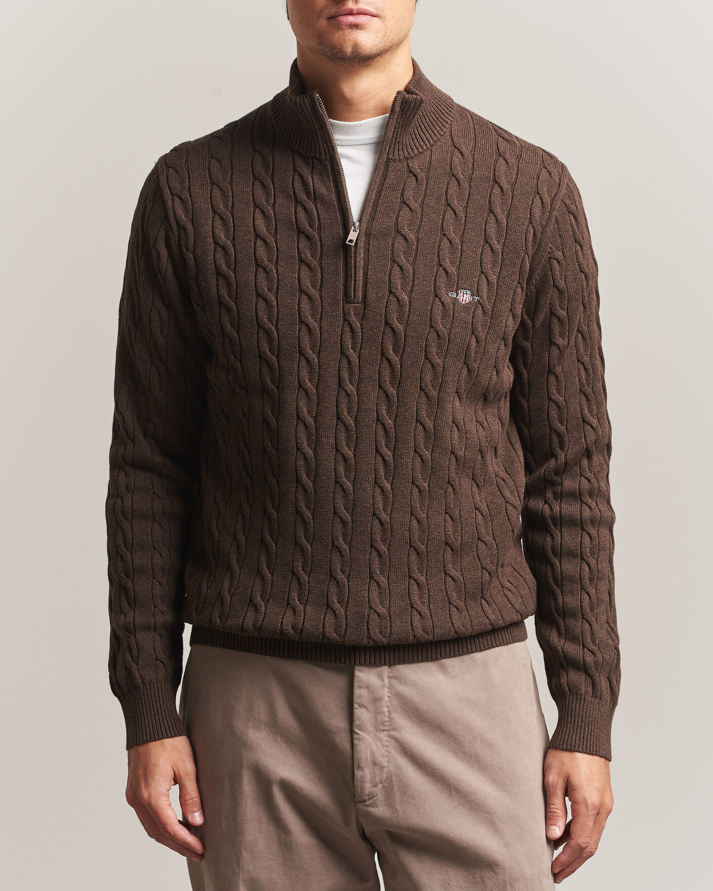 Herren | Pullover | Gant | Cotton Cable Half Zip Black Brown Melange