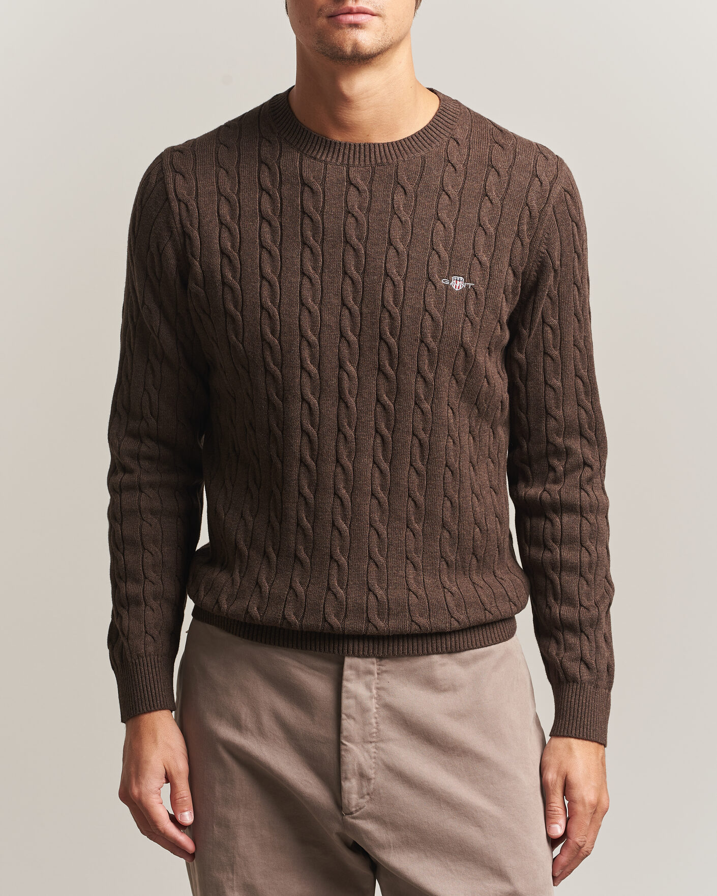 Herren | Pullover | Gant | Cotton Cable Crew Neck Black Brown Melange