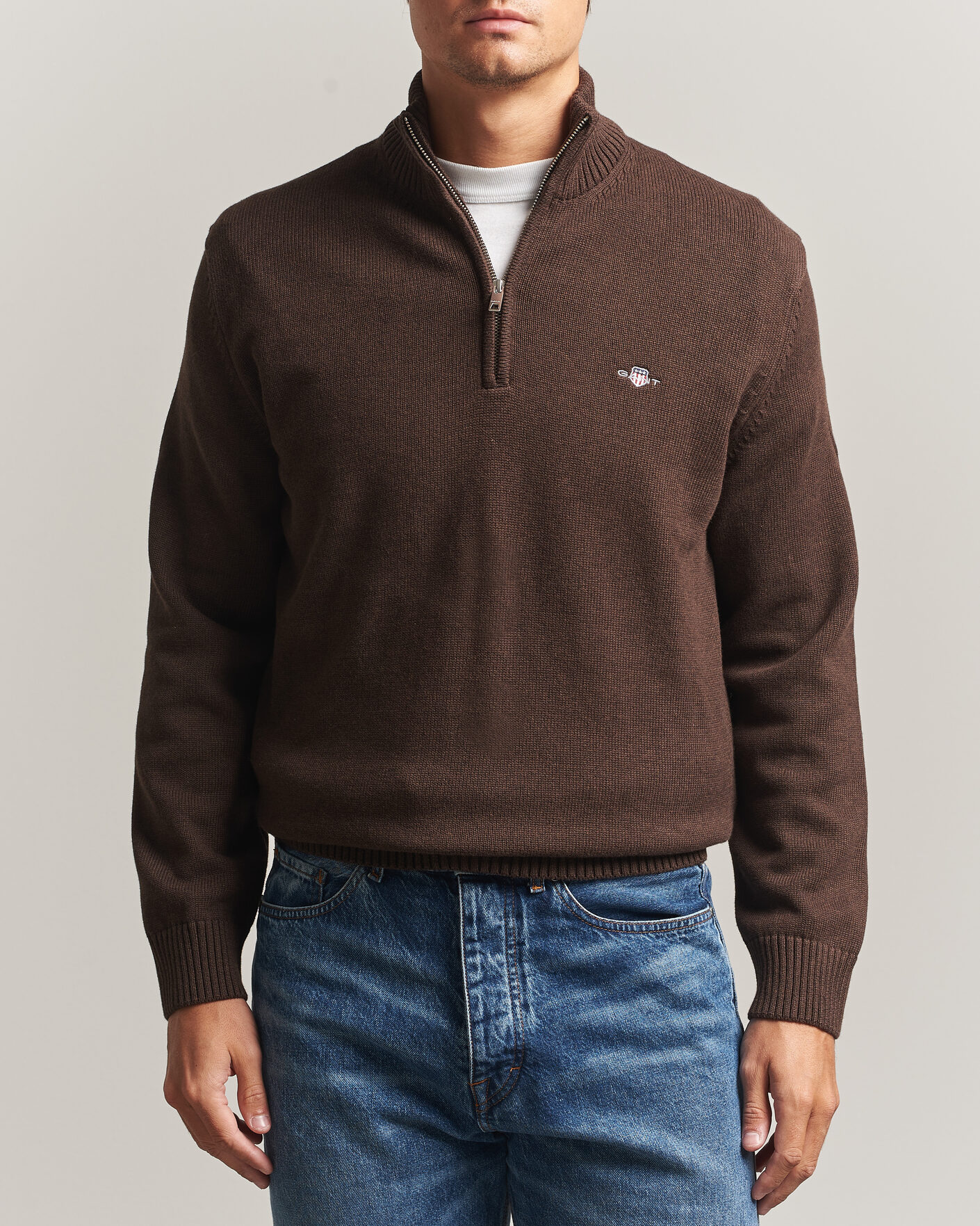 Herren | Pullover | Gant | Casual Cotton Half Zip Black Brown Melange