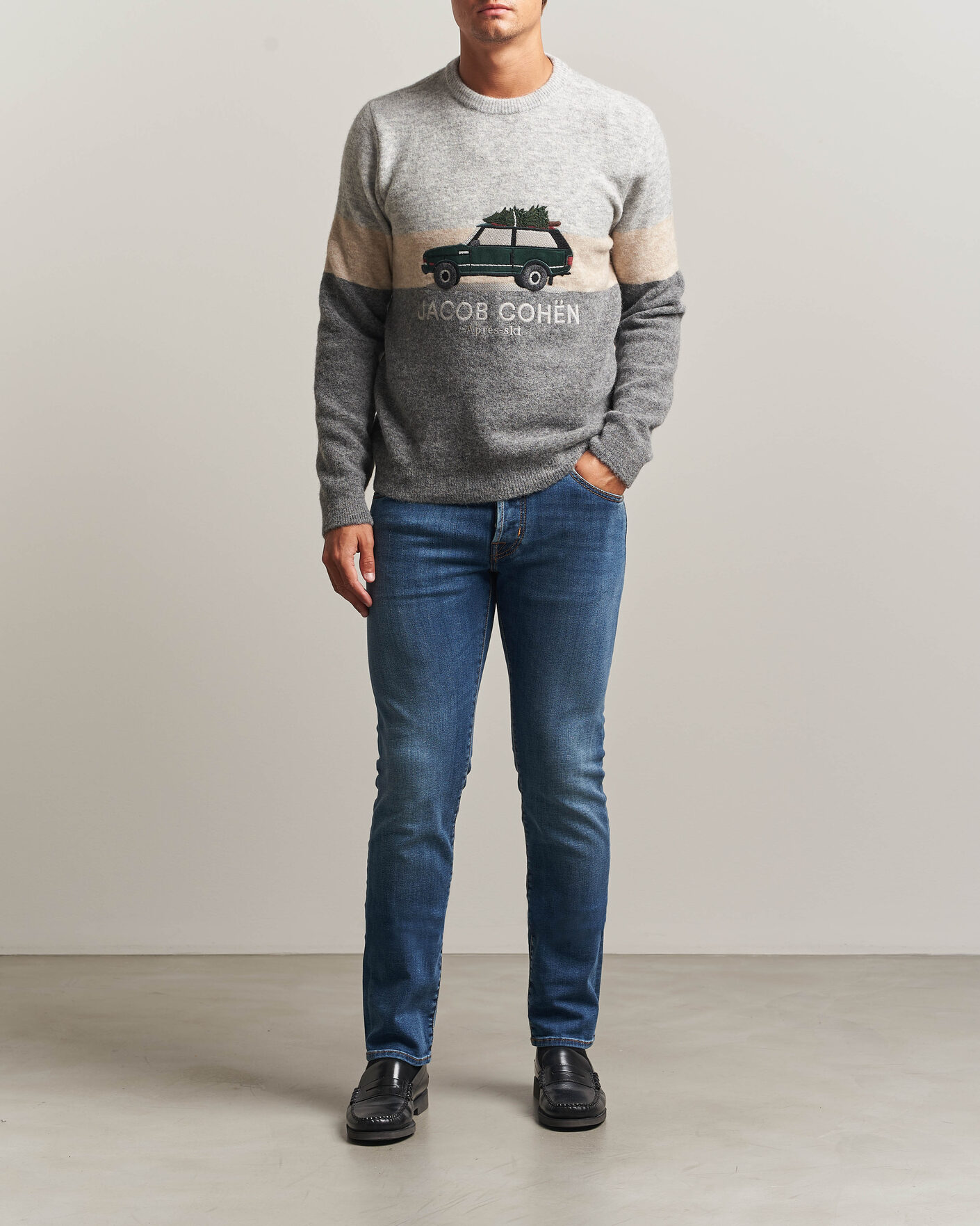 Herren | Pullover | Jacob Cohën | Embroidery Knitted Apres-Ski Crew Neck Grey