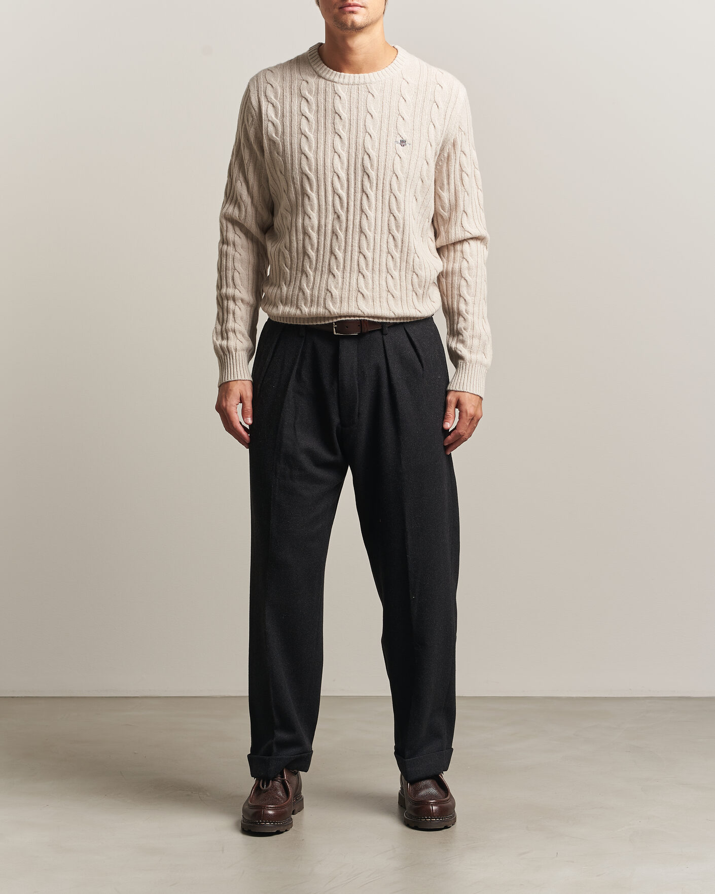 Herren | Pullover | Gant | Lambswool Cable Crew Neck Clay Beige