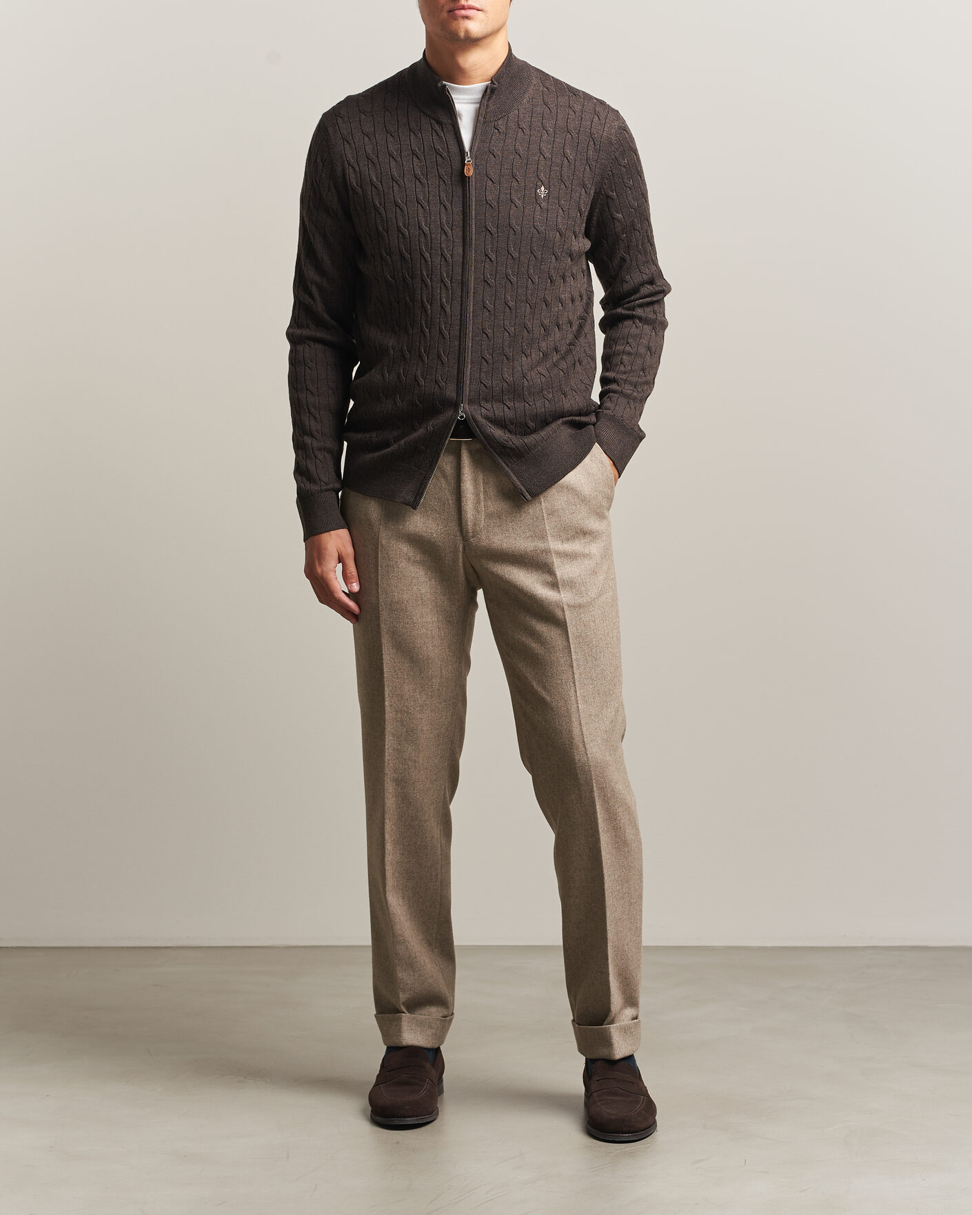 Herren | Pullover | Morris | Merino Cable Zip Cardigan Brown