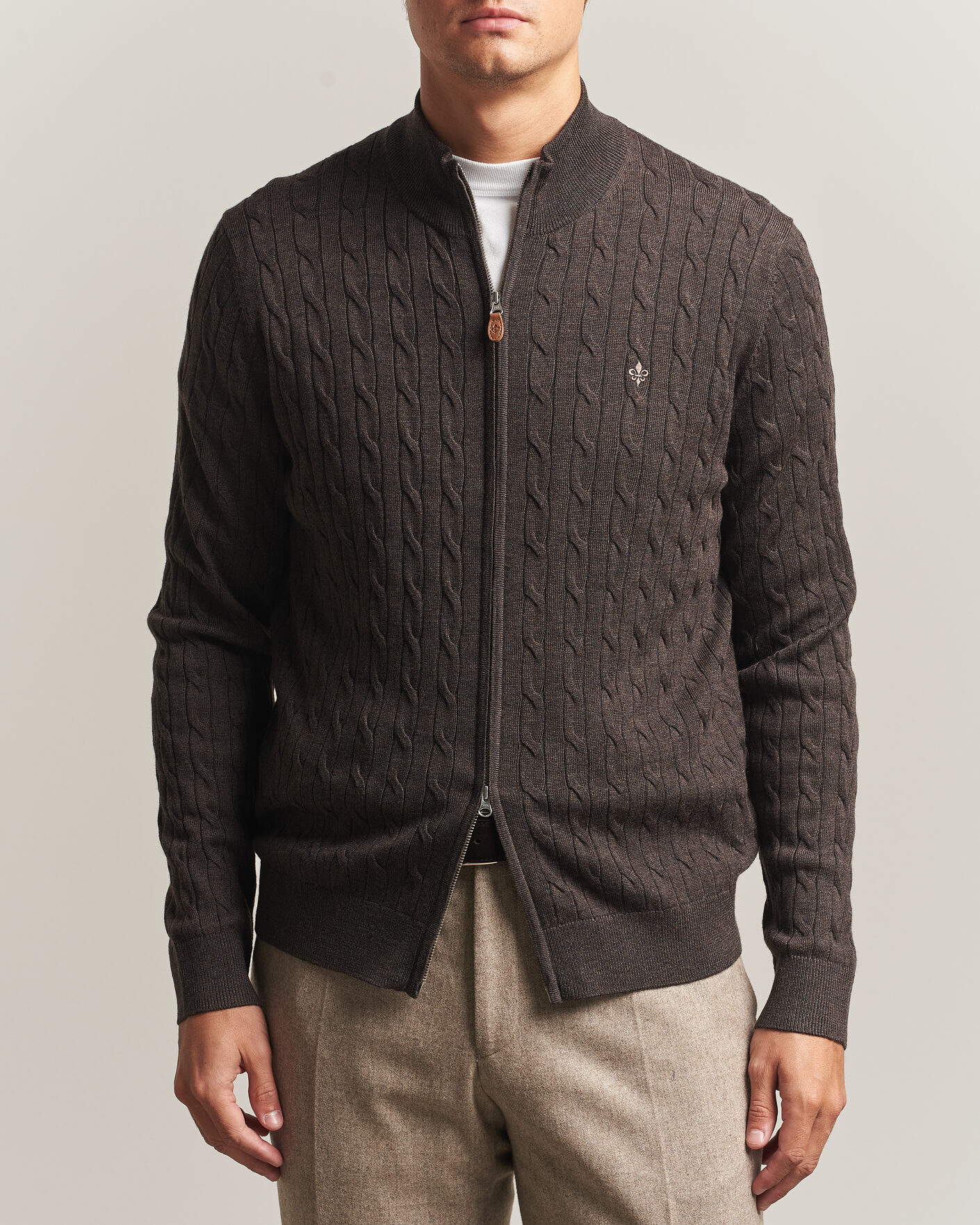 Herren | Pullover | Morris | Merino Cable Zip Cardigan Brown