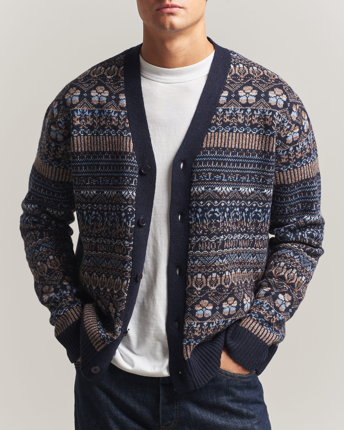 Herren | Pullover | NN07 | Tobias Fairisle Wool Knitted Cardigan Navy Blue