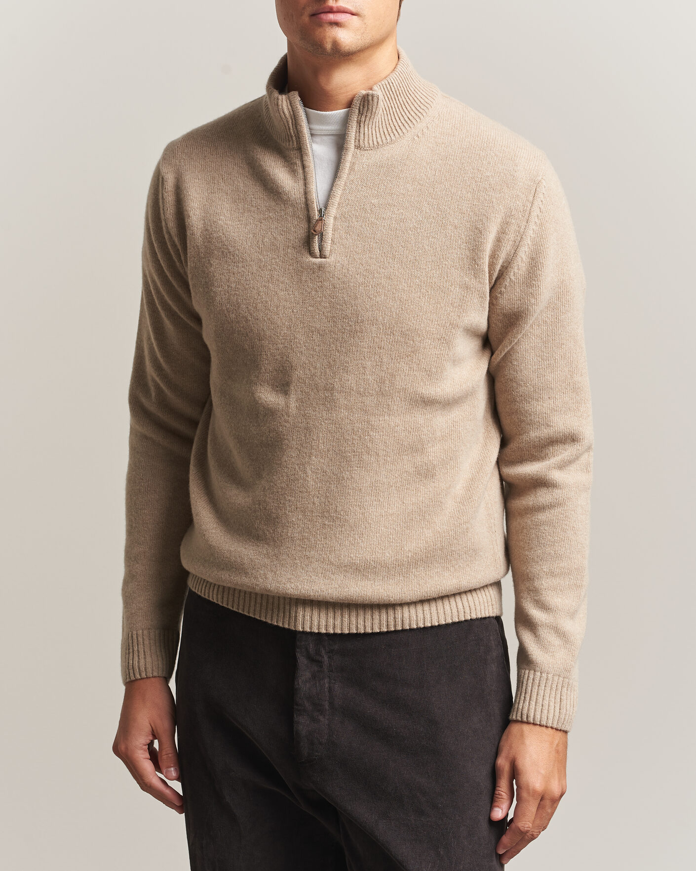 Herren | Pullover | Stenströms | Brushed Merino Half-Zip Beige