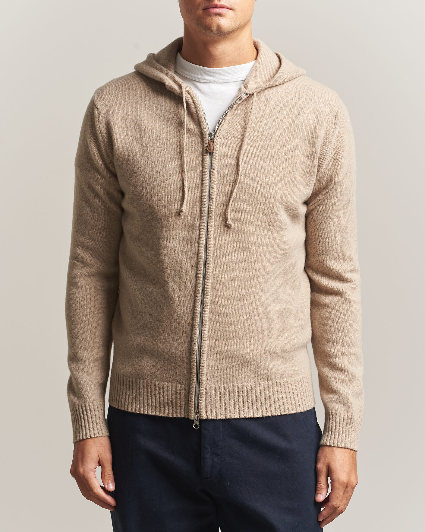 Herren | Pullover | Stenströms | Brushed Merino Full-Zip Hood Beige