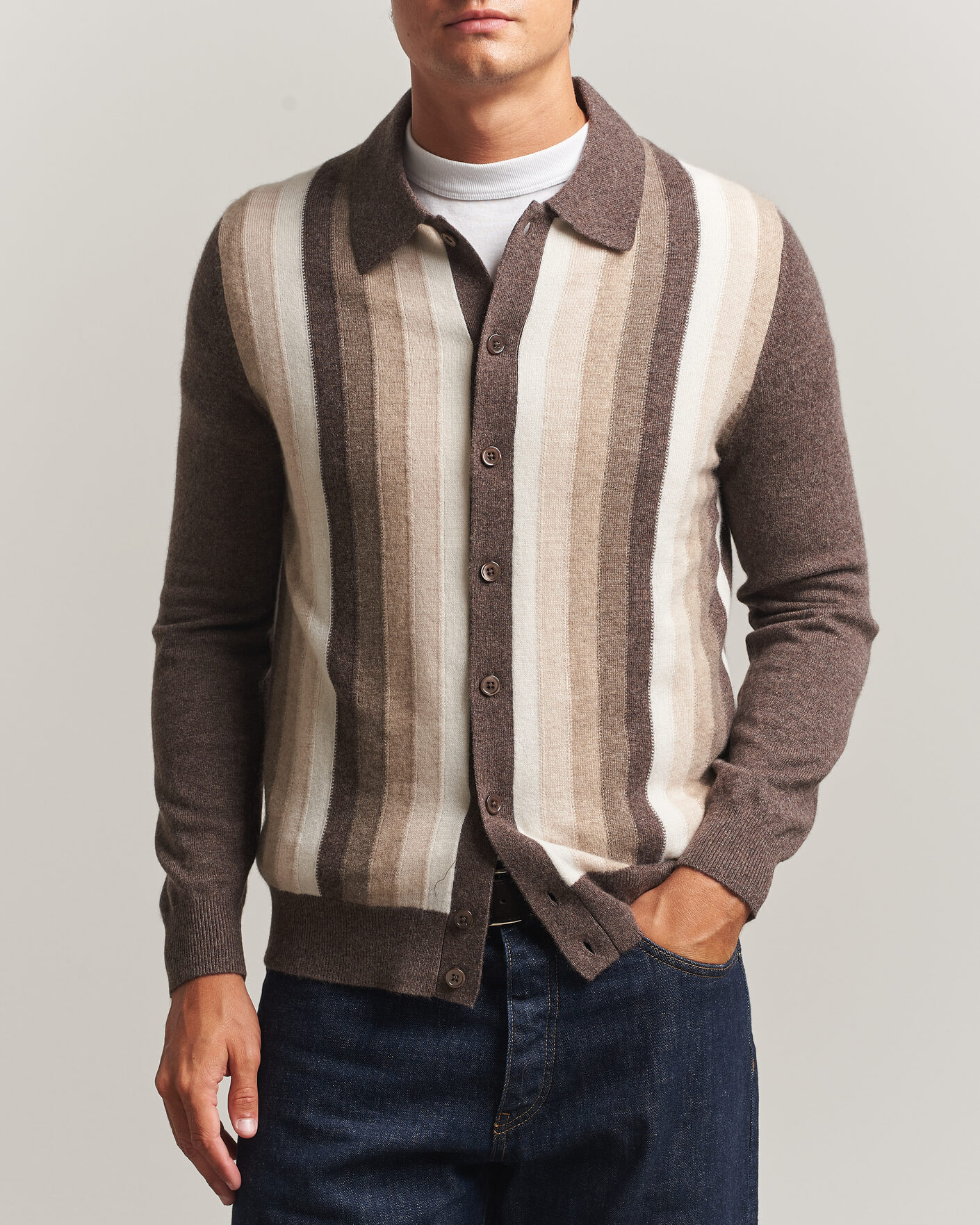 Herren | Pullover | Stenströms | Cashmere Striped Polo Cardigan Brown