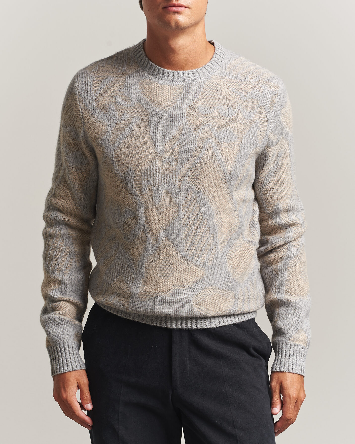 Herren | Pullover | Stenströms | Knitted Jaquard Yak/Merino Sweater Beige Grey