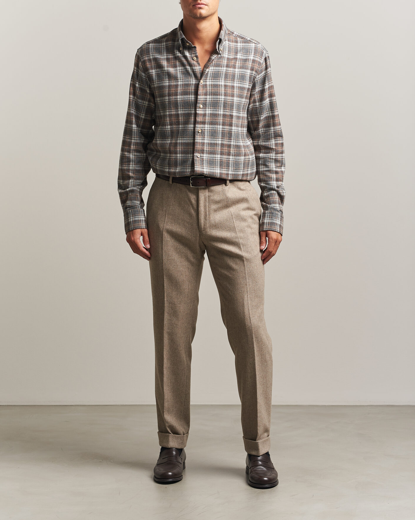 Herren | Hemden | Stenströms | Regular Fit Check Cut Away Flannel Shirt Brown