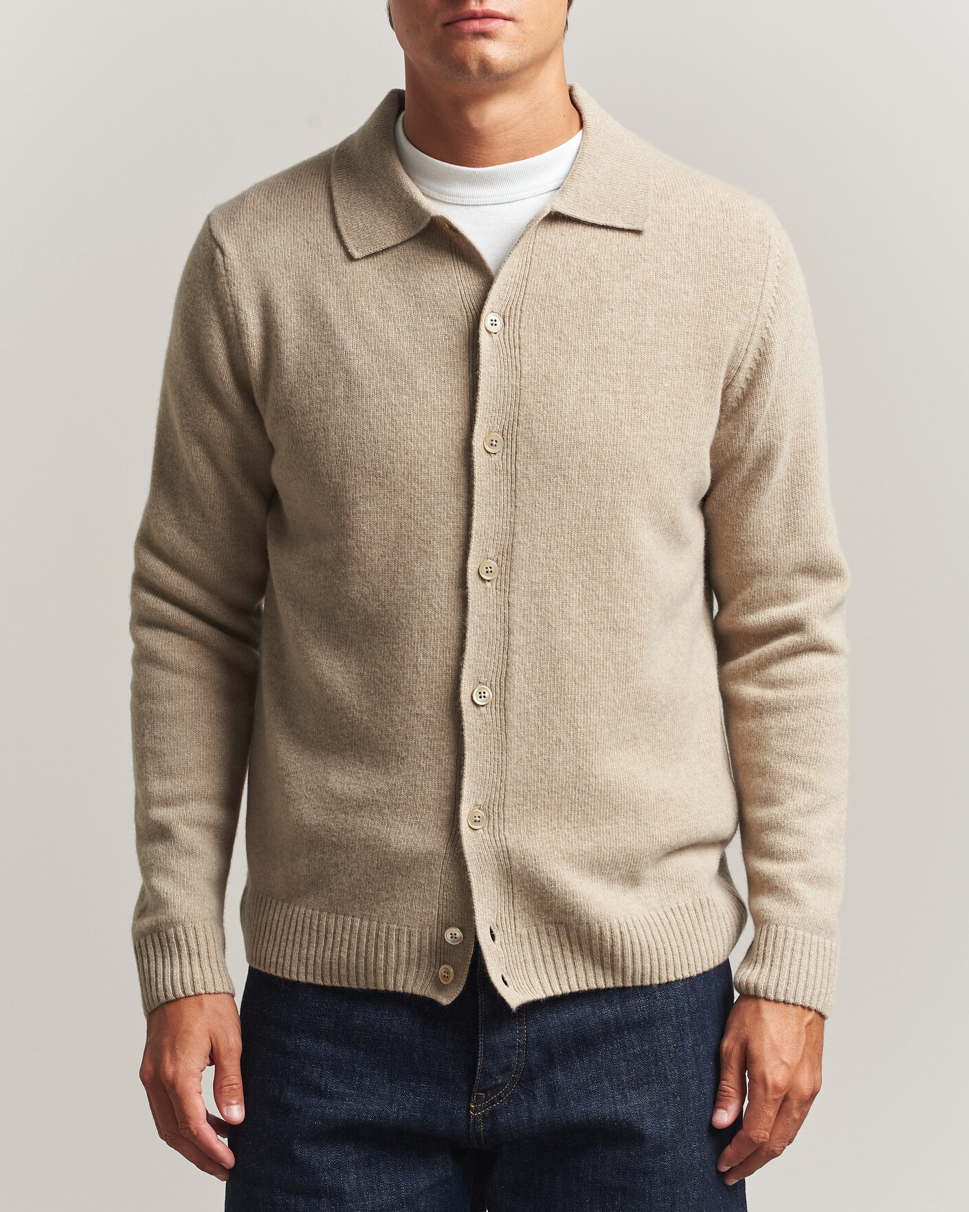 Herren | Pullover | Stenströms | Brushed Merino Polo Cardigan Beige